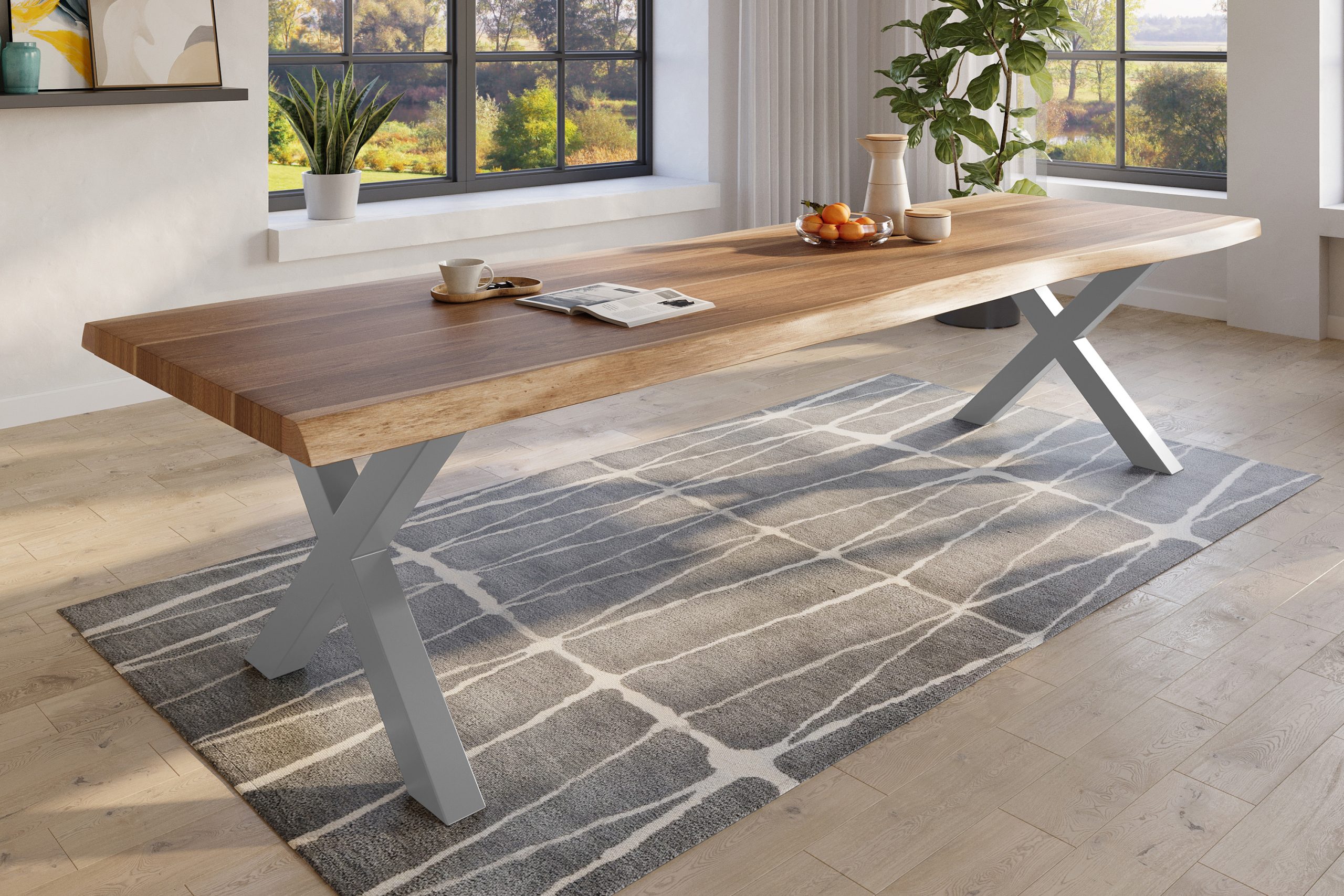 Baumkantentisch 300 x 110 cm Esstisch massiv Akazie Natur X-Gestell Silber TITAN