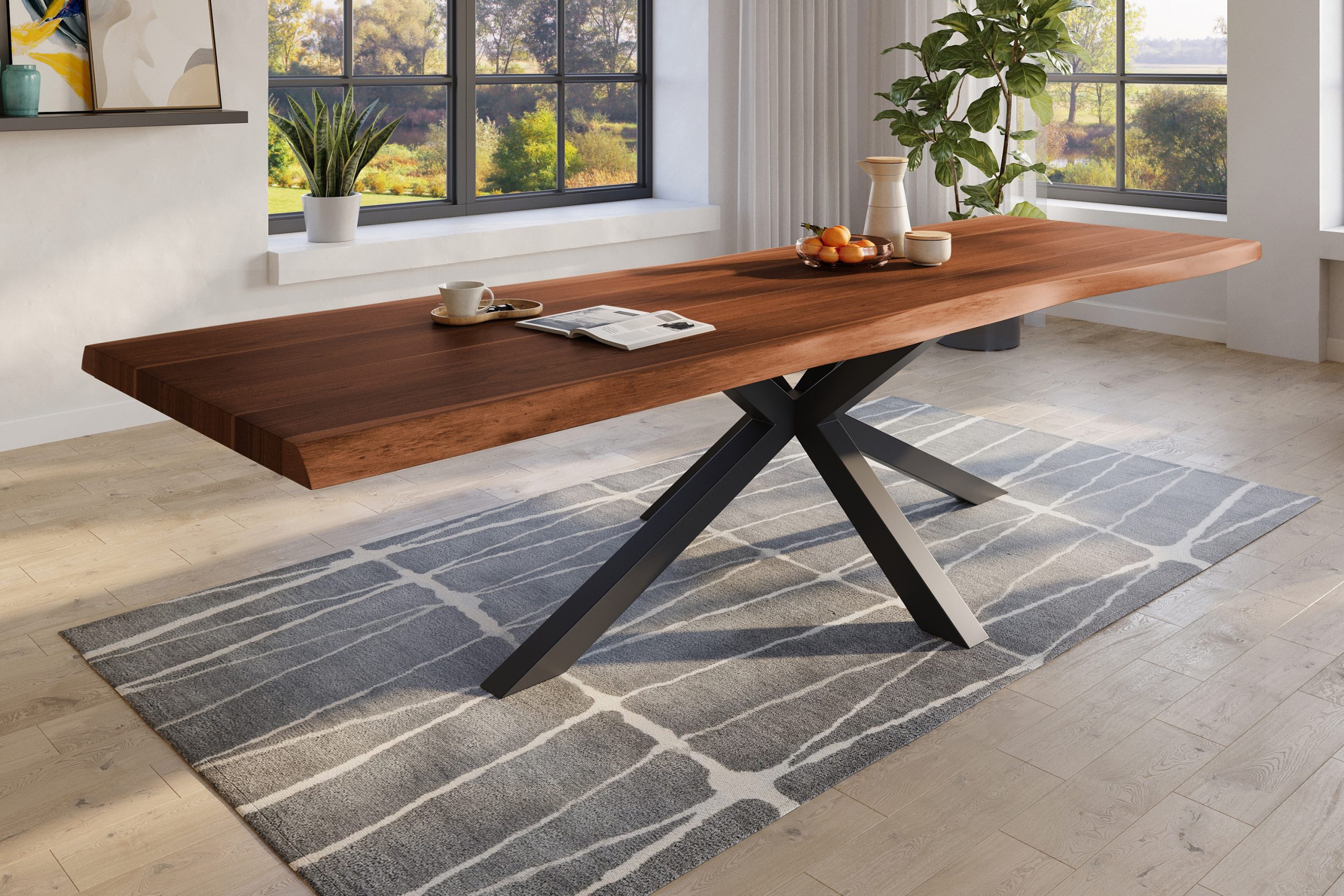 Baumkantentisch 300 x 110 cm Esstisch massiv Akazie Nussbaum Spider-Gestell Schwarz TITAN