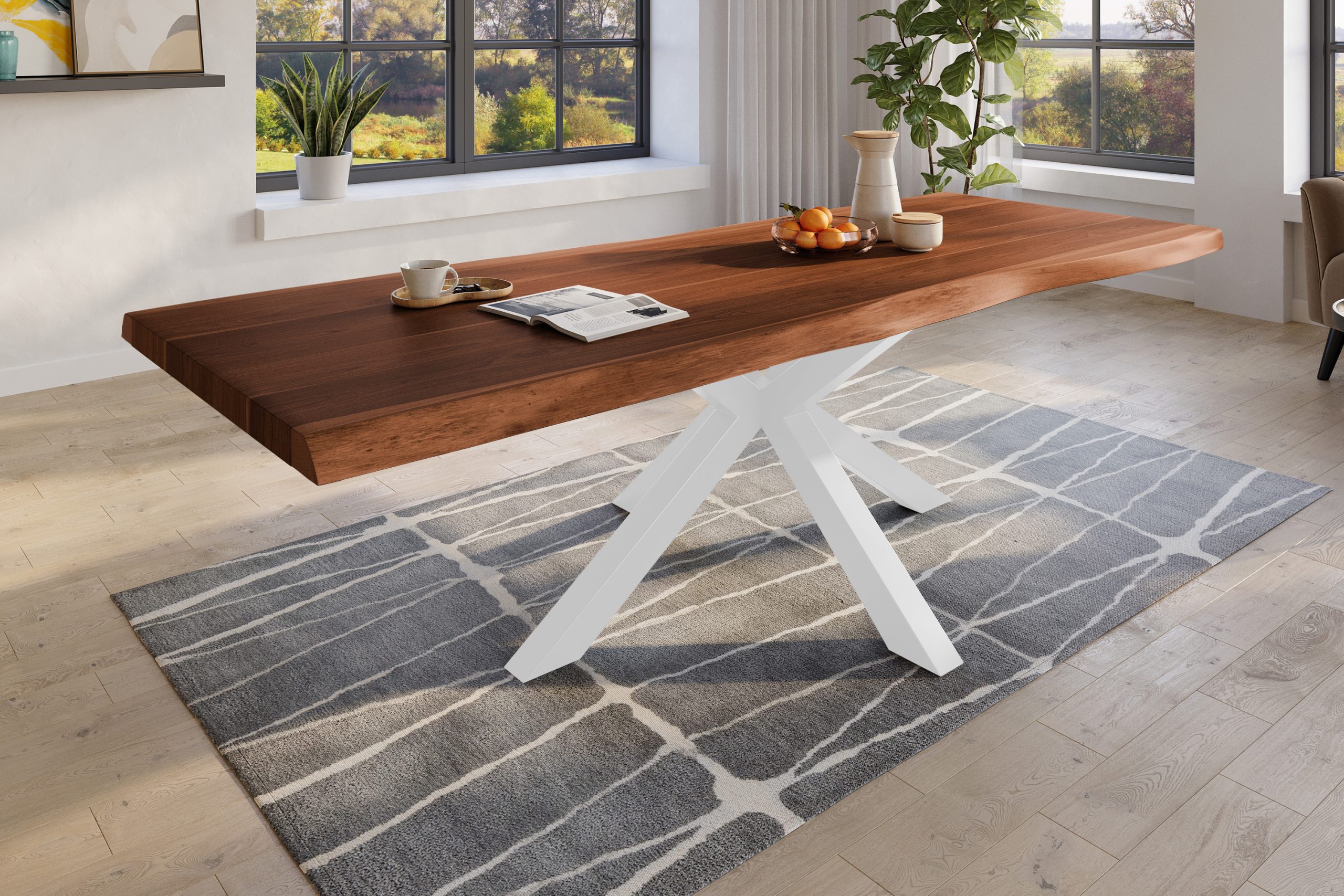 Baumkantentisch 260 x 110 cm Esstisch massiv Akazie Nussbaum Spider-Gestell Weiß TITAN