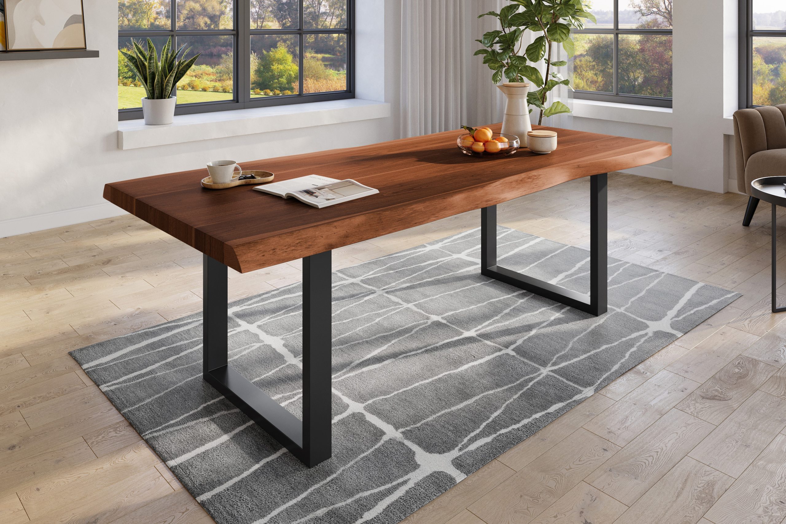 Baumkantentisch 240 x 120 cm Esstisch massiv Akazie Nussbaum U-Gestell Schwarz TITAN