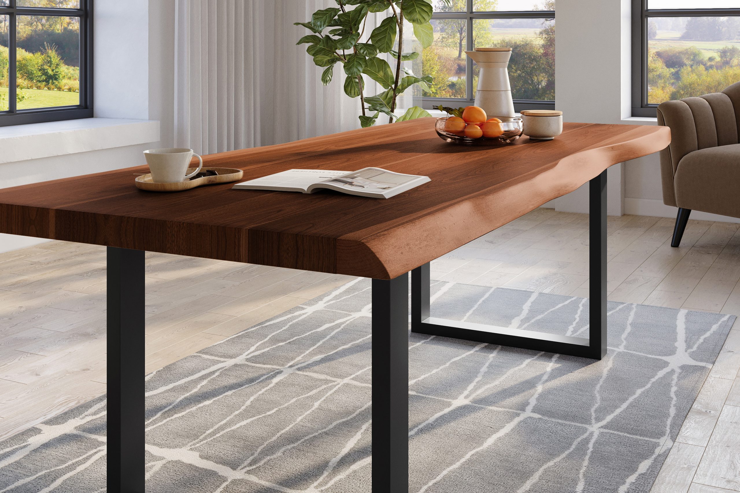 Baumkantentisch 240 x 120 cm Esstisch massiv Akazie Nussbaum U-Gestell Schwarz TITAN – Bild 4