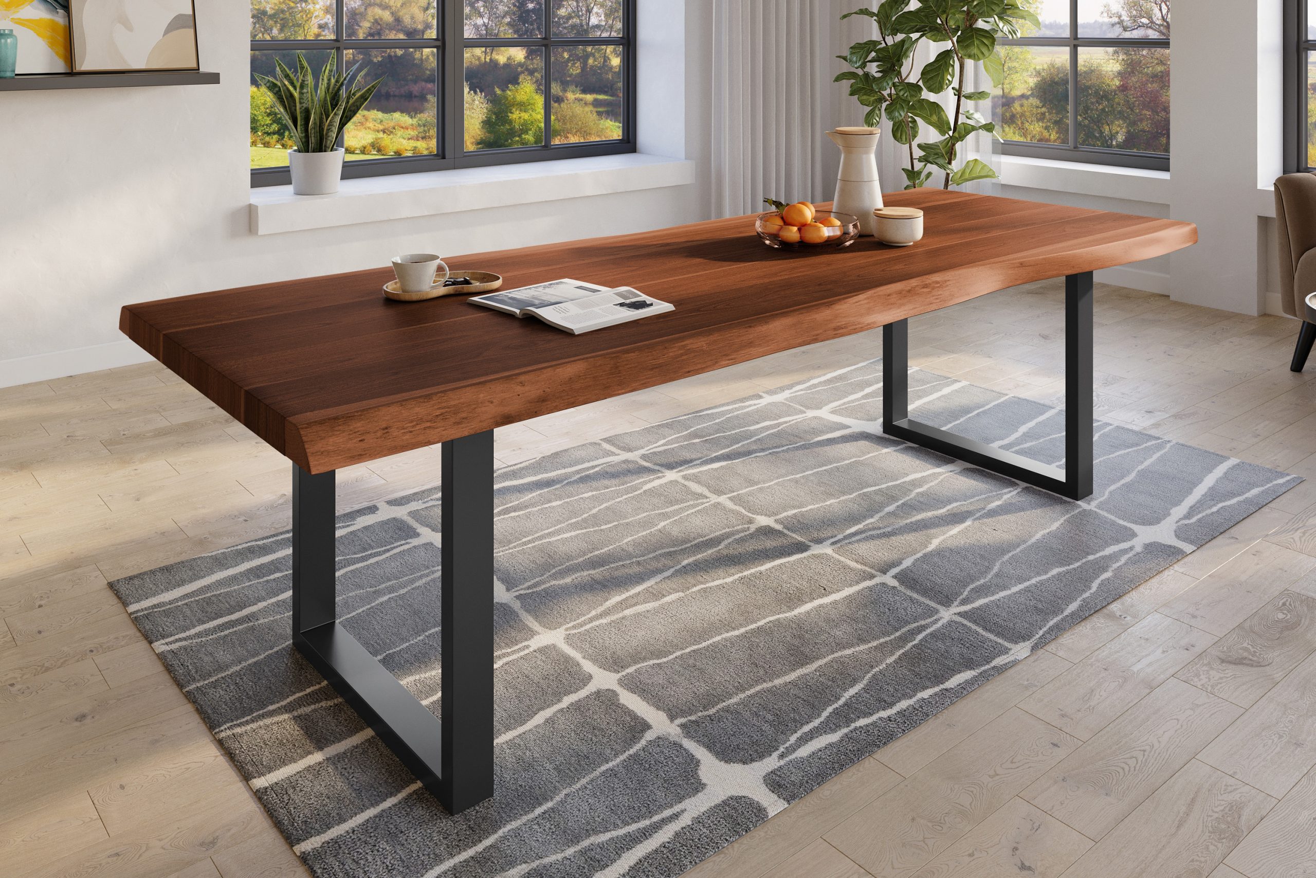 Baumkantentisch 280 x 120 cm Esstisch massiv Akazie Nussbaum U-Gestell Schwarz TITAN