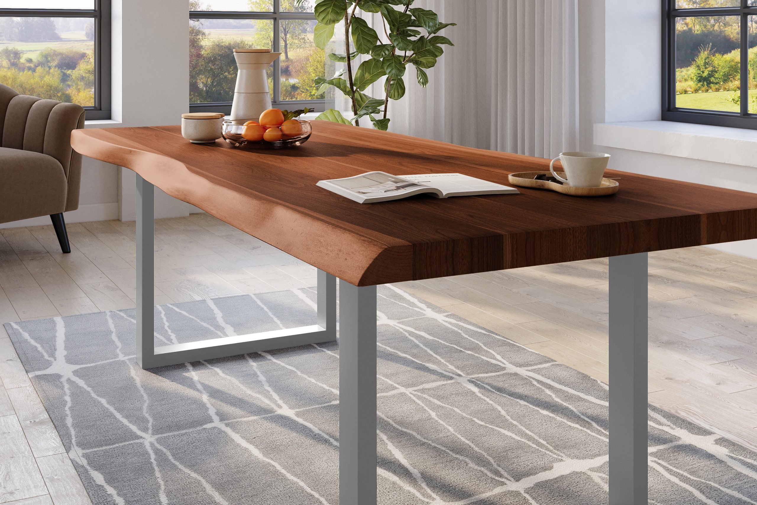 Baumkantentisch 240 x 110 cm Esstisch massiv Akazie Nussbaum U-Gestell Silber TITAN – Bild 4