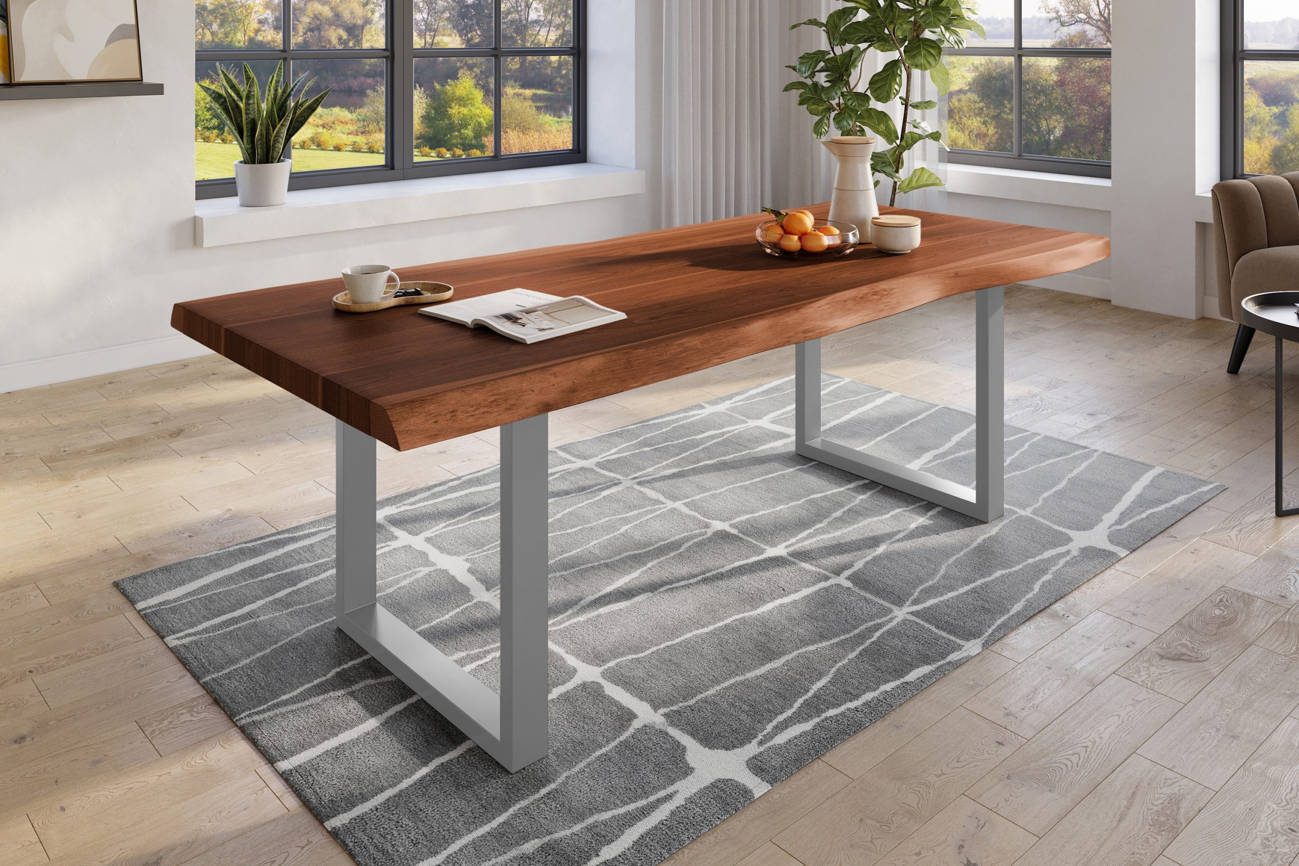 Baumkantentisch 240 x 120 cm Esstisch massiv Akazie Nussbaum U-Gestell Silber TITAN