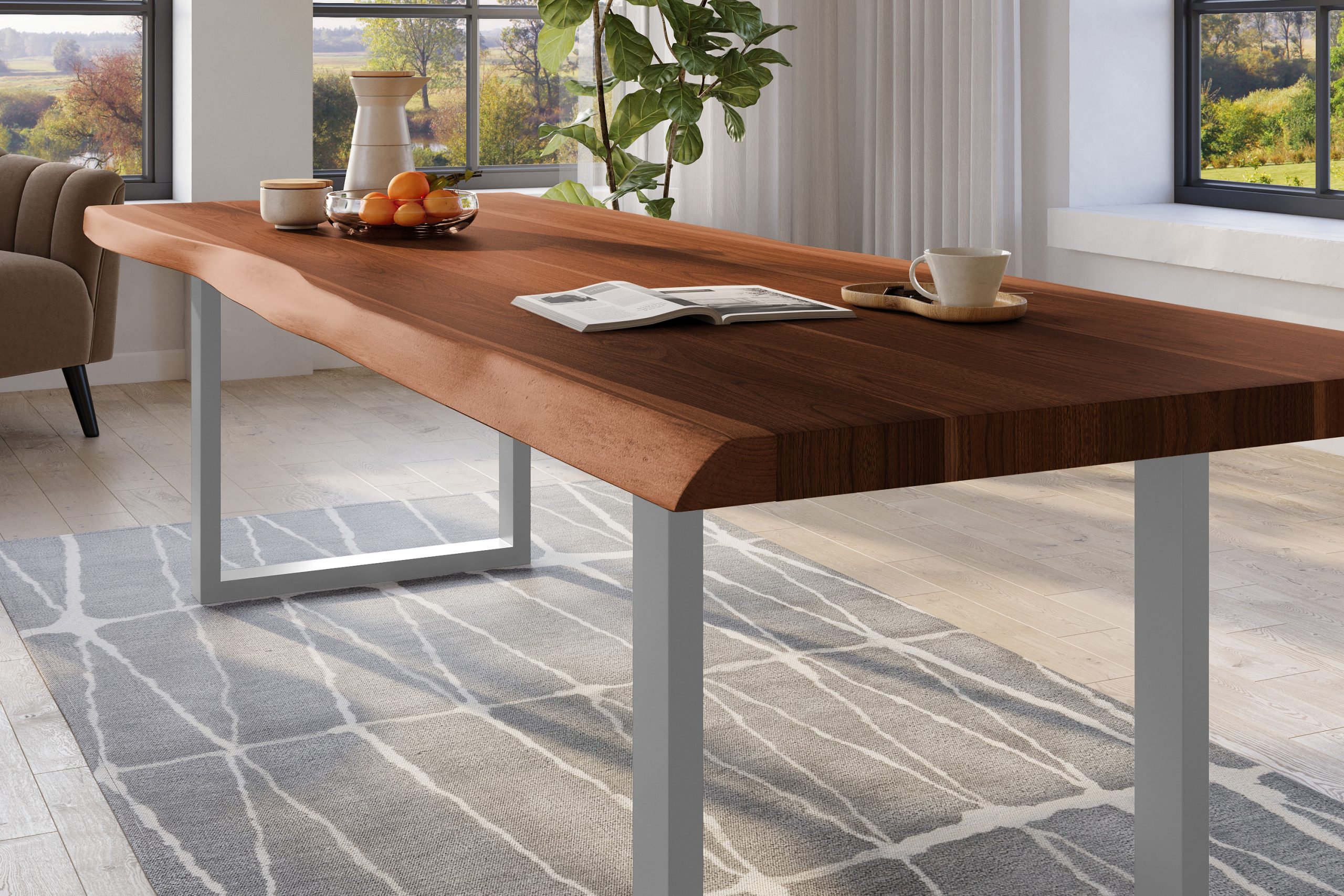 Baumkantentisch 260 x 110 cm Esstisch massiv Akazie Nussbaum U-Gestell Silber TITAN – Bild 4