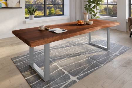 Baumkantentisch 280 x 120 cm Esstisch massiv Akazie Nussbaum U-Gestell Silber TITAN