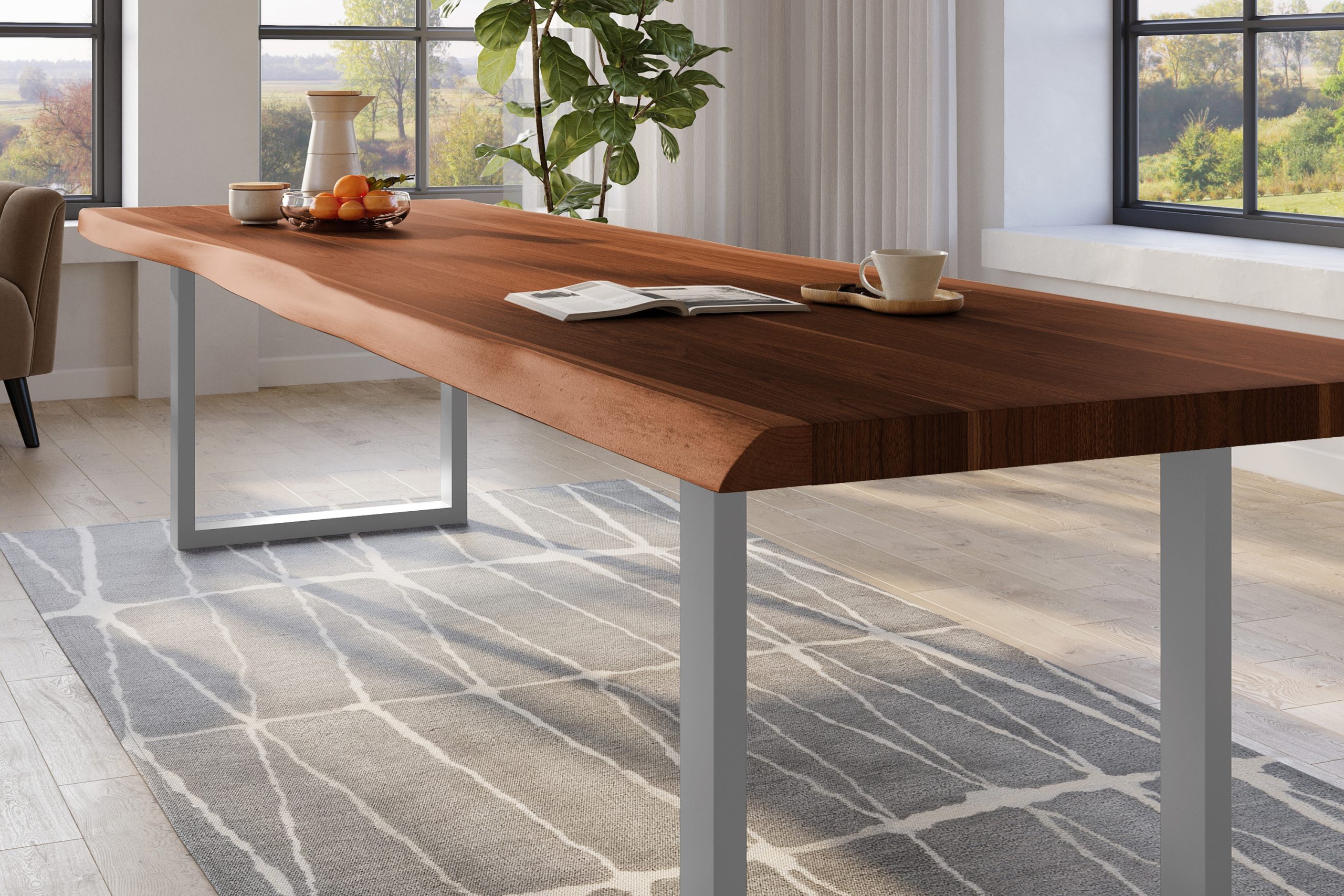 Baumkantentisch 300 x 110 cm Esstisch massiv Akazie Nussbaum U-Gestell Silber TITAN – Bild 4