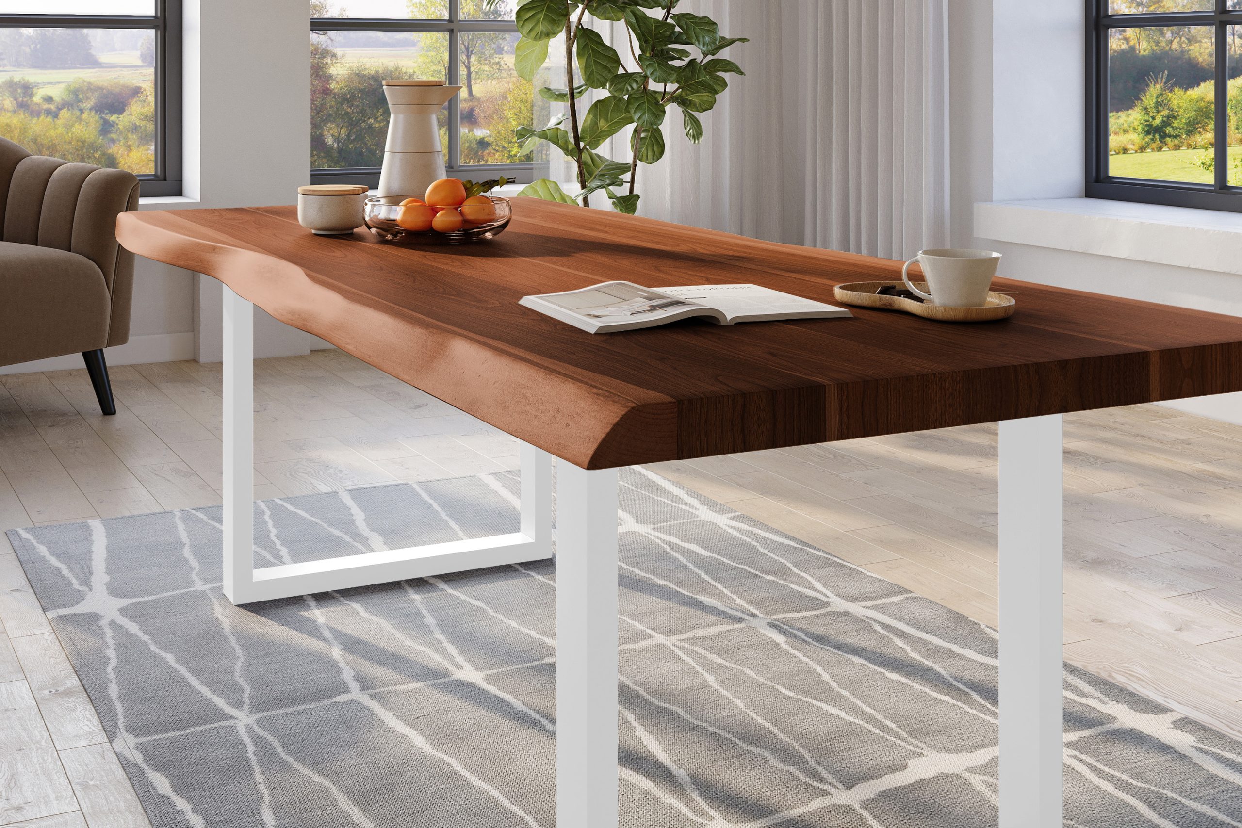 Baumkantentisch 200 x 110 cm Esstisch massiv Akazie Nussbaum U-Gestell Weiß TITAN – Bild 4