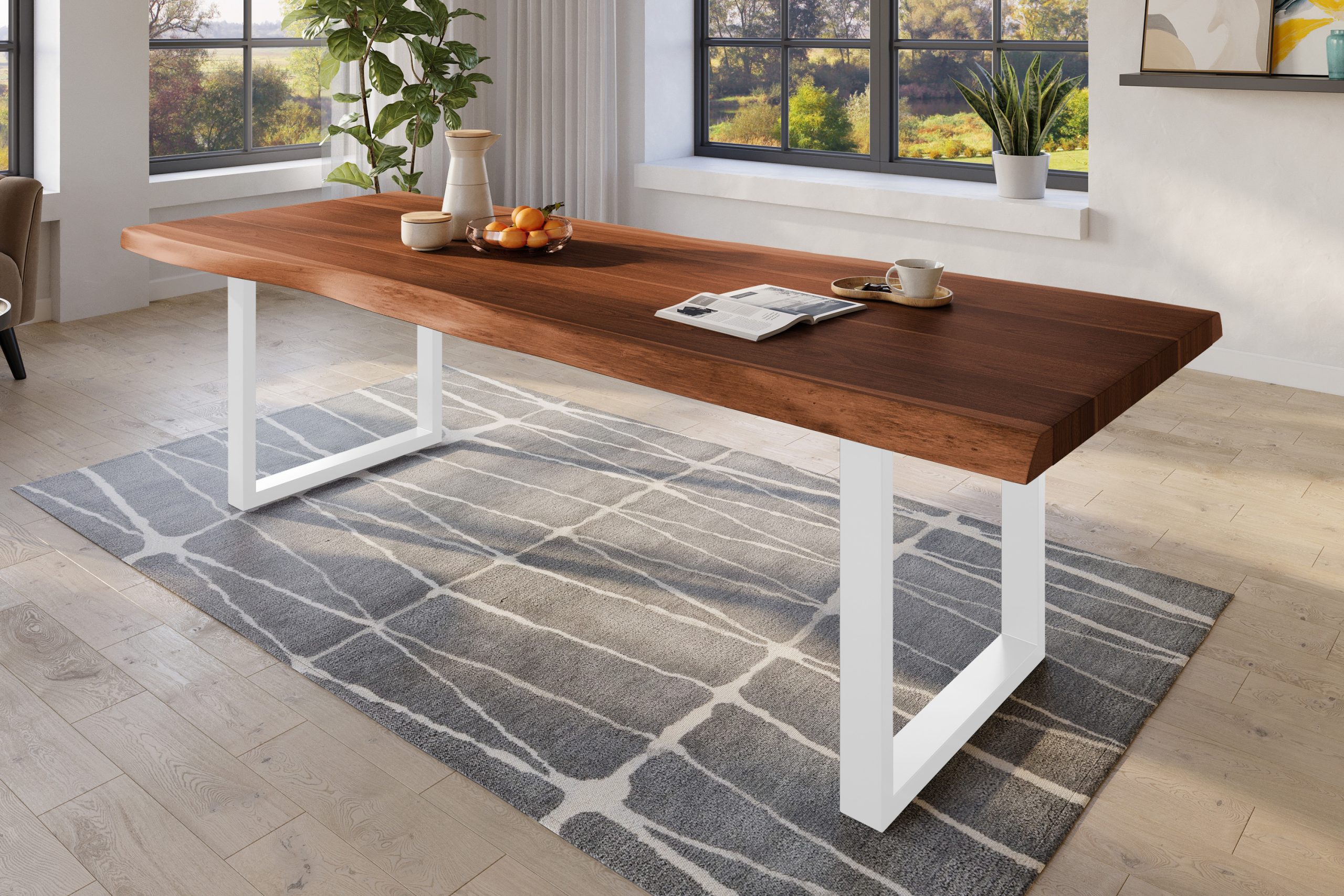 Baumkantentisch 260 x 110 cm Esstisch massiv Akazie Nussbaum U-Gestell Weiß TITAN