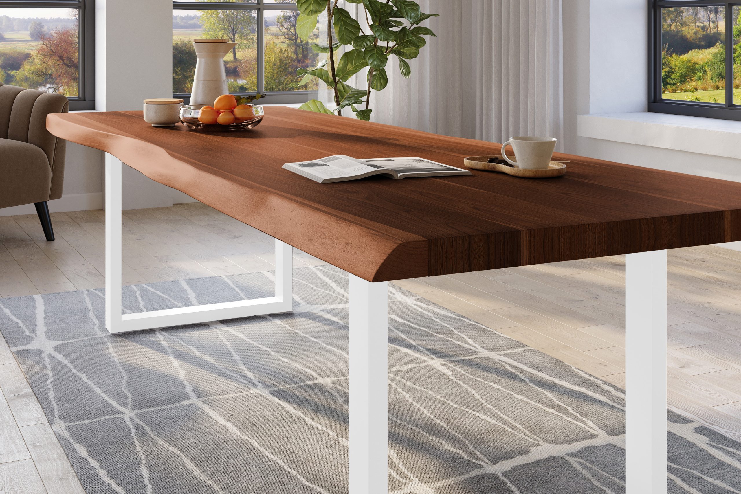 Baumkantentisch 260 x 110 cm Esstisch massiv Akazie Nussbaum U-Gestell Weiß TITAN – Bild 4