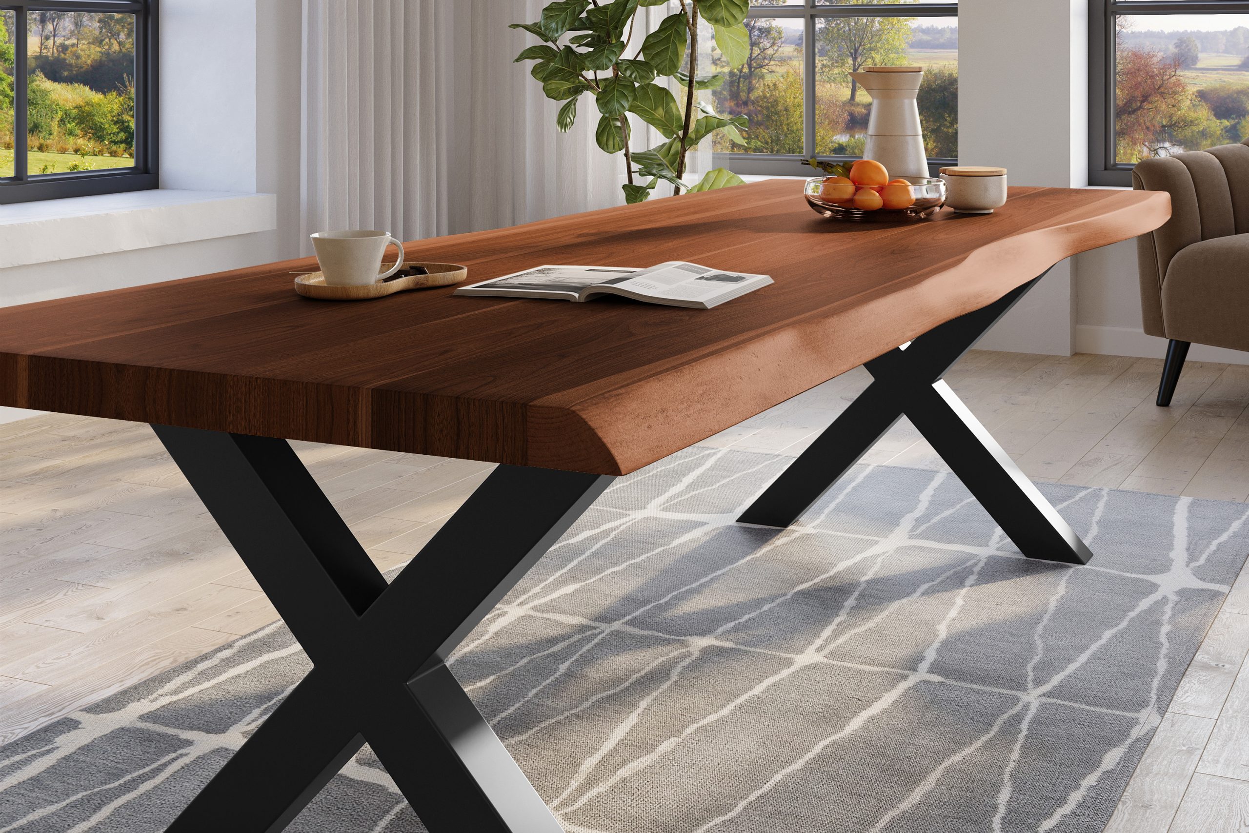 Baumkantentisch 280 x 120 cm Esstisch massiv Akazie Nussbaum X-Gestell Schwarz TITAN – Bild 4