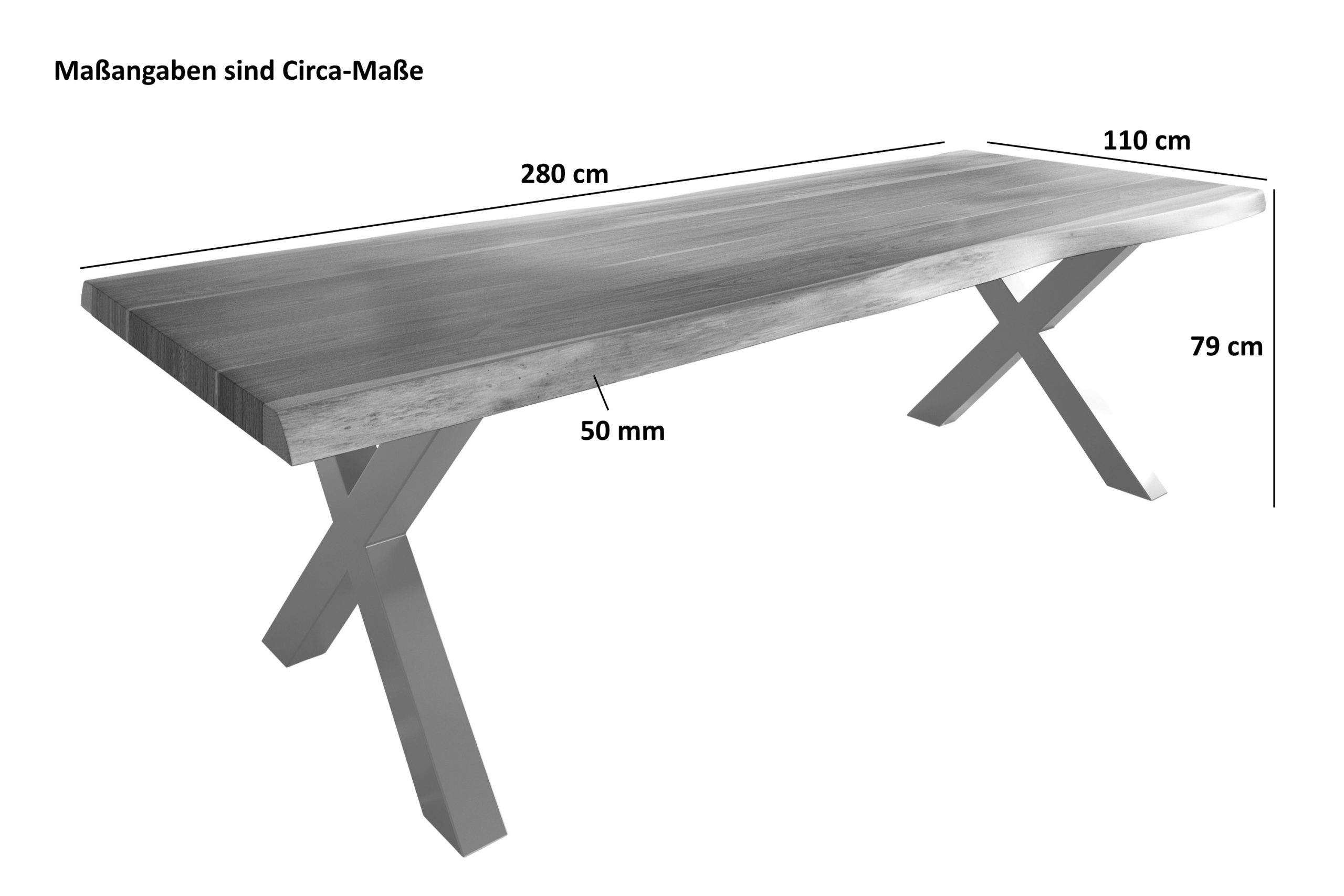 Baumkantentisch 280 x 120 cm Esstisch massiv Akazie Nussbaum X-Gestell Schwarz TITAN – Bild 3