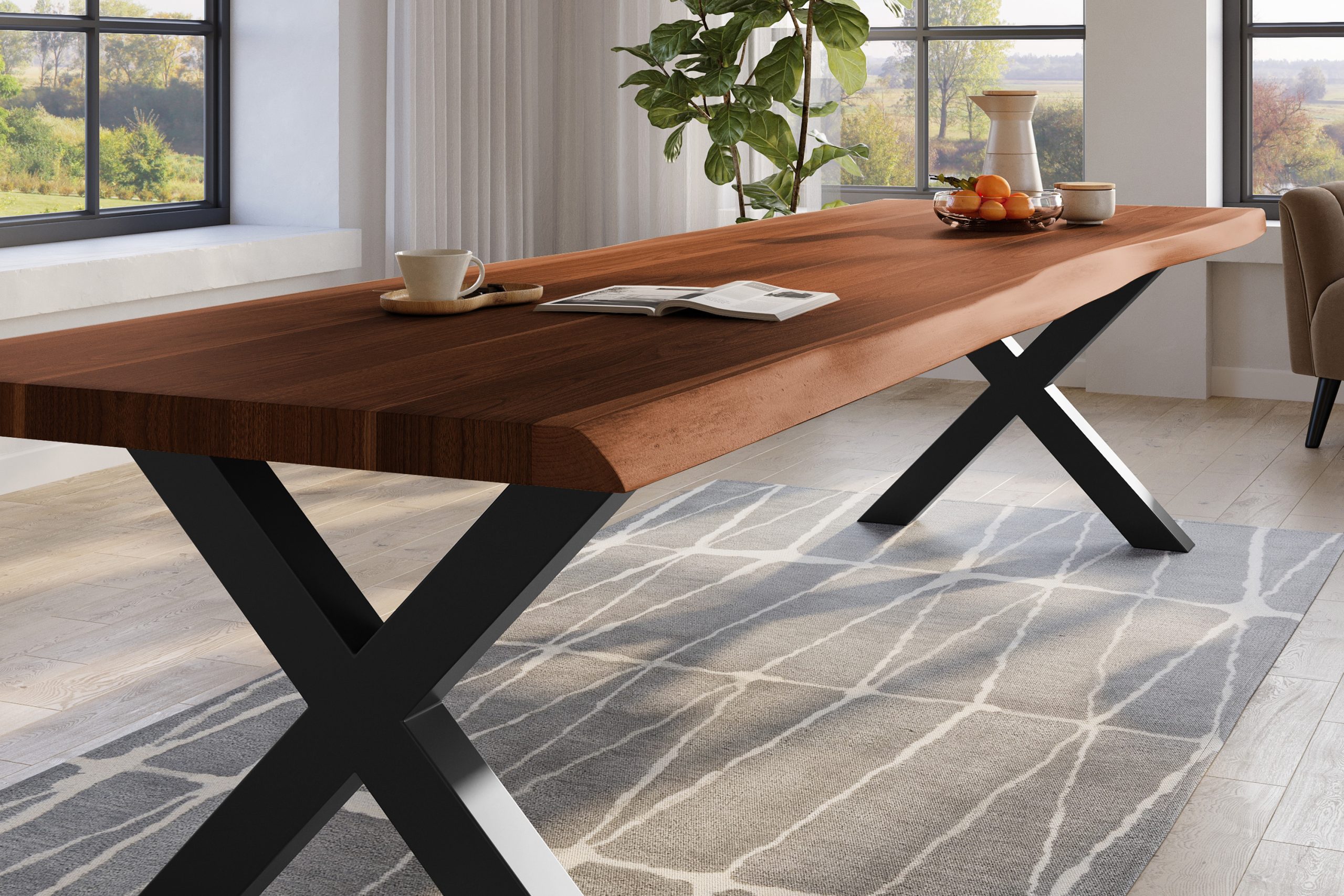Baumkantentisch 400 x 120 cm Esstisch massiv Akazie Nussbaum X-Gestell Schwarz TITAN – Bild 4