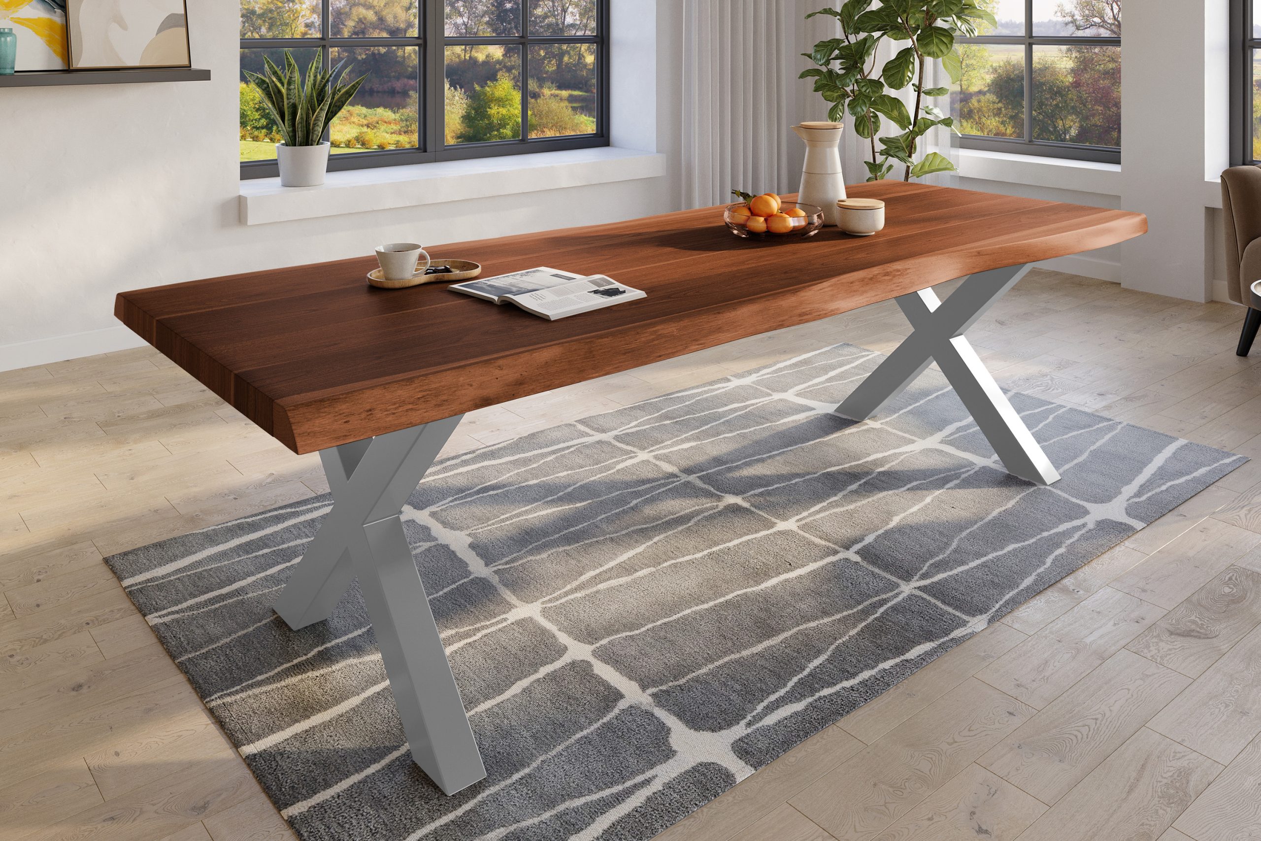 Baumkantentisch 260 x 110 cm Esstisch massiv Akazie Nussbaum X-Gestell Silber TITAN