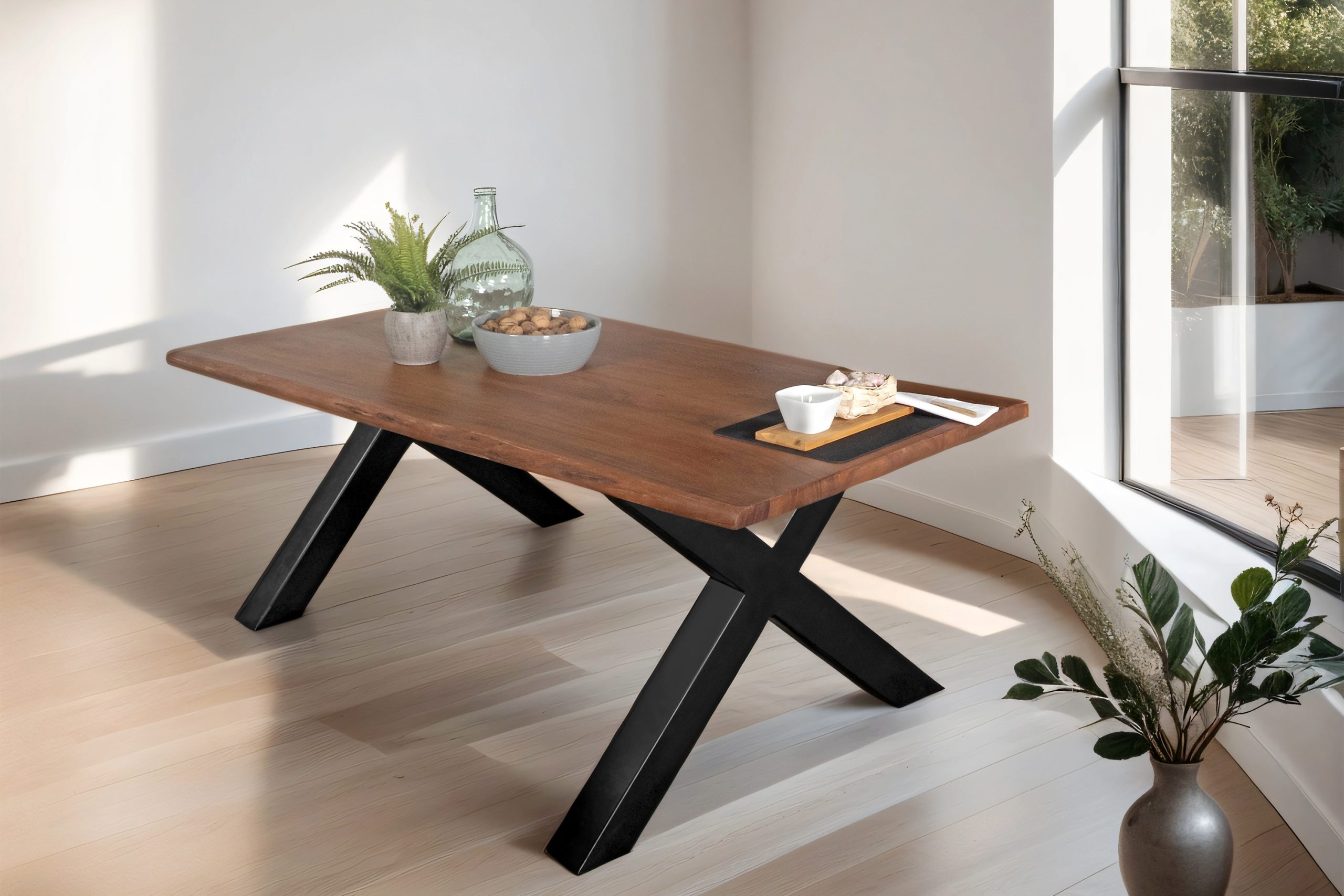 Esstisch Baumkante Akazie massiv Nussbaum 180 x 90 cm X-Gestell schwarz TOMASO