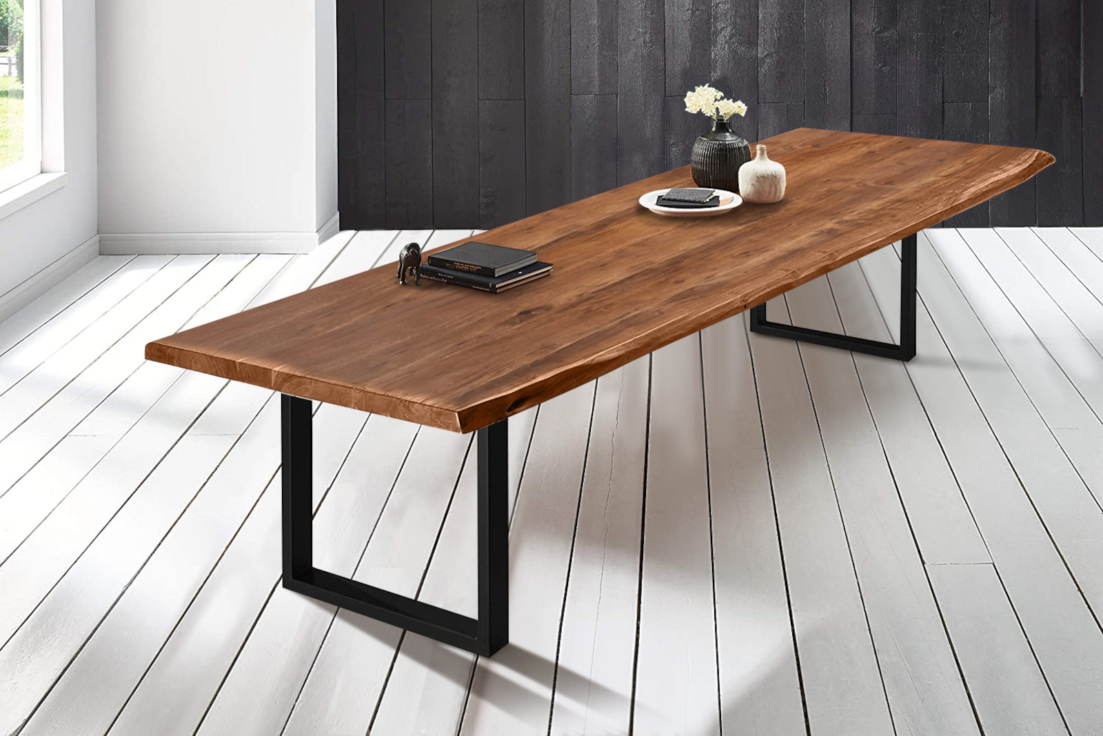 Baumkantentisch Esstisch Akazie Nussbaum 350 x 120 cm schwarz Valin