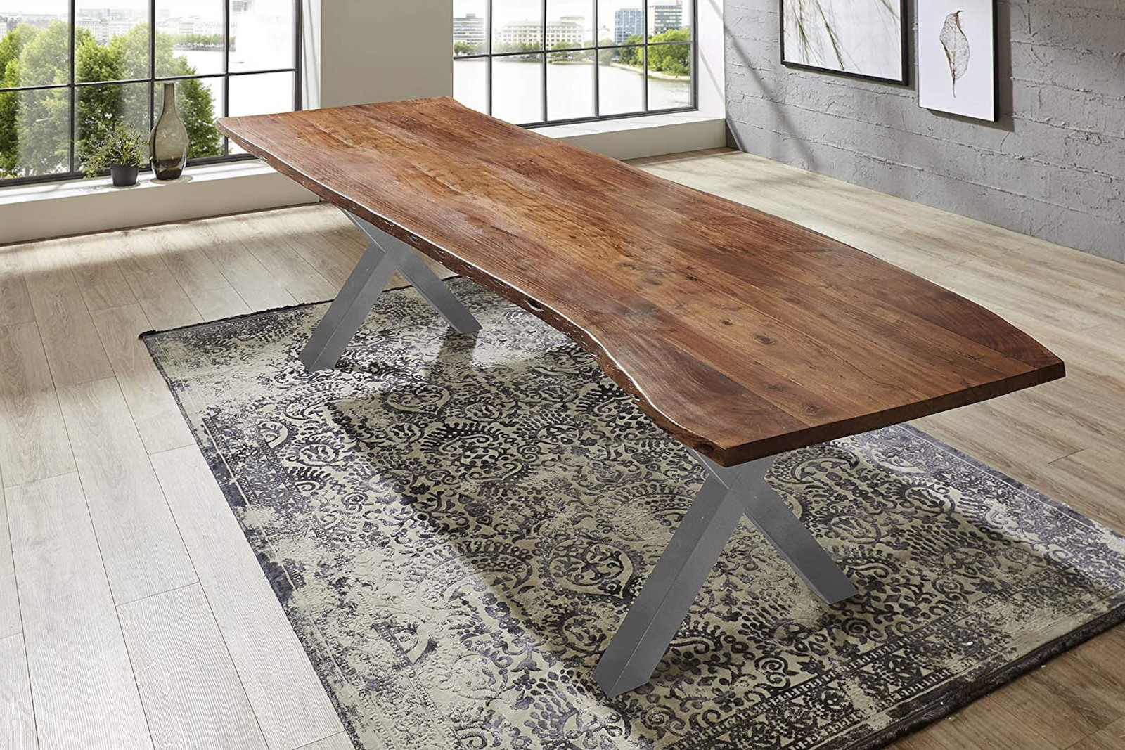 Esstisch Baumkante massiv Akazie nussbaum 300 x 100 silber XAVER