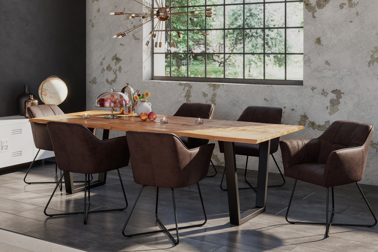 Baumkanten Essgruppe Mangoholz massiv 220 V-Gestell schwarz 7tlg. DORA