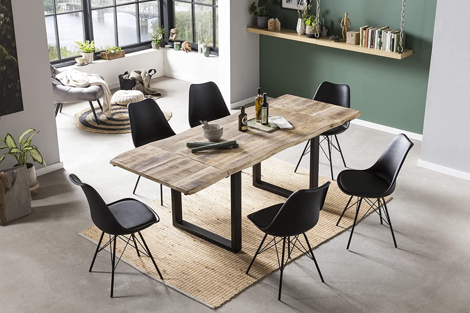 Essgruppe Baumkantentisch Mango mit Ansteckplatten 140(220)x90 cm U-Gestell 7tlg. NOAR III