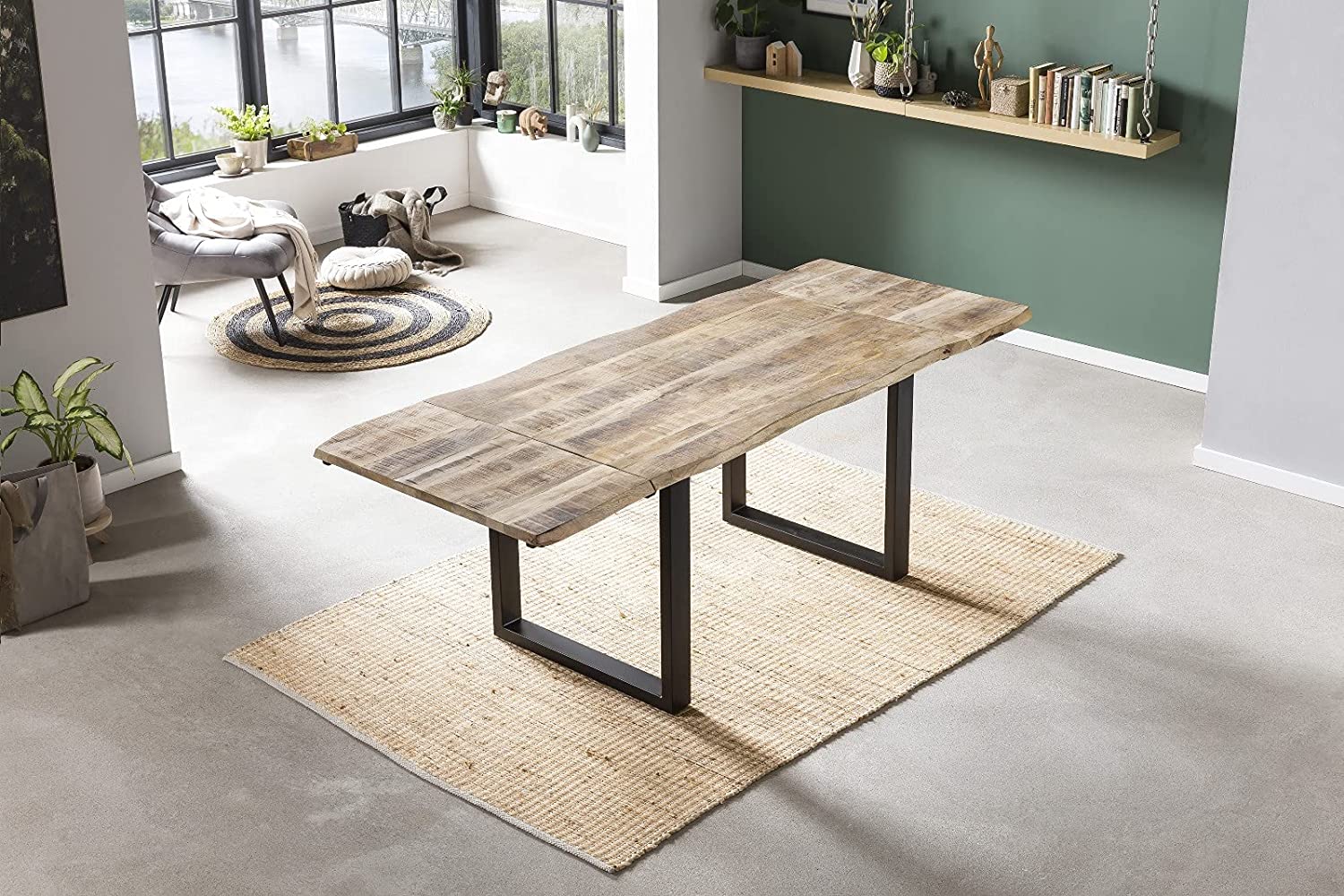 Essgruppe Baumkantentisch Mango mit Ansteckplatten 160(260)x90 cm U-Gestell 7tlg. NOAR III – Bild 2