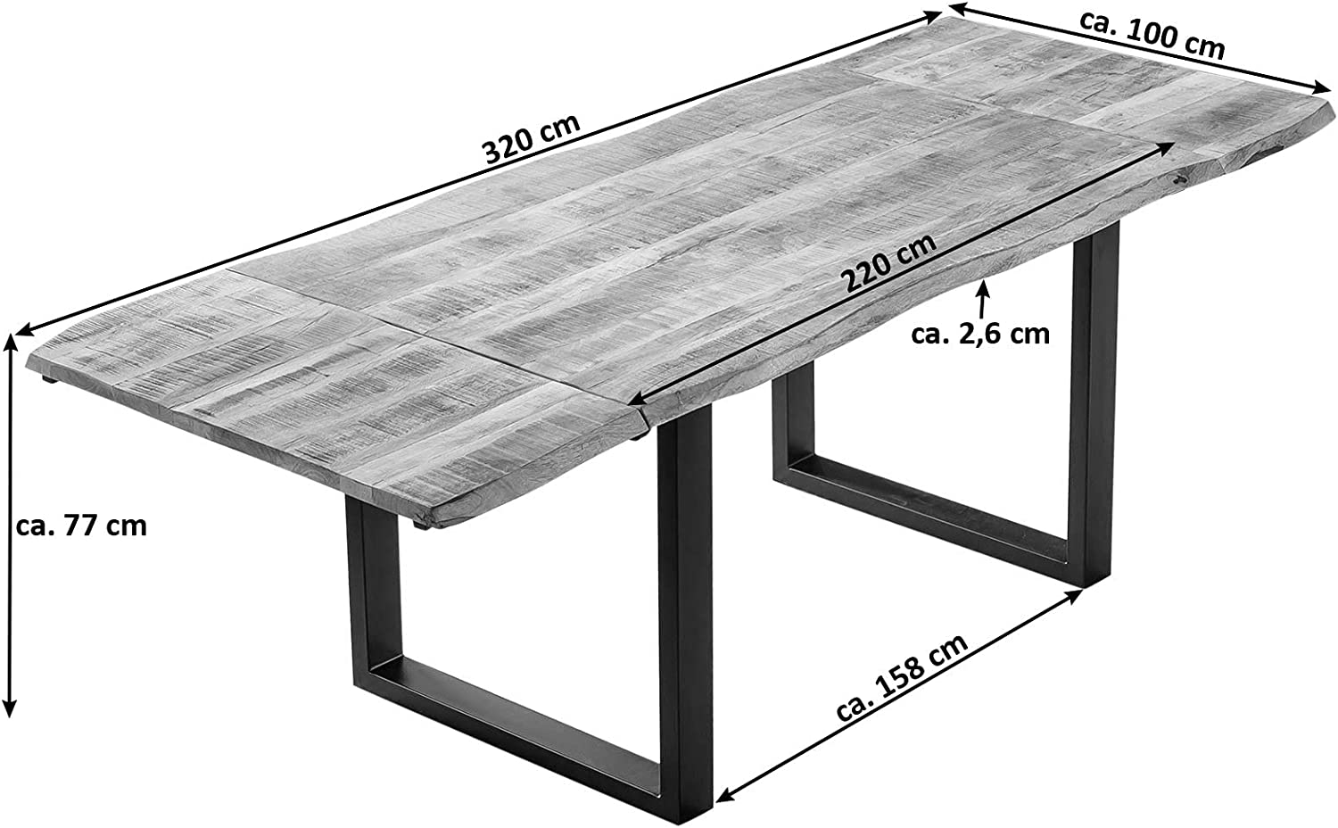Essgruppe Baumkantentisch Mango mit Ansteckplatten 220(300)x100 cm U-Gestell 7tlg. NOAR III – Bild 3