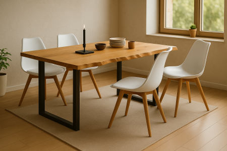 Tischgruppe 5tlg. 140 x 80 cm Baumkante Eiche massiv 4x Schalenstühle Weiß U-Gestell Schwarz SERRA