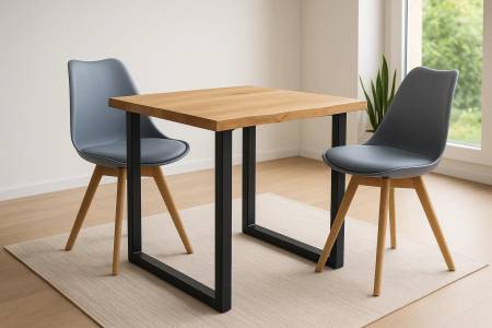 Tischgruppe 3tlg. 80 x 80 cm Baumkante Eiche massiv 2x Schalenstühle Grau U-Gestell Schwarz SERRA