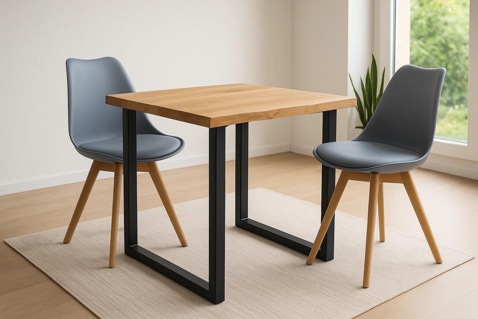 Tischgruppe 3tlg. 80 x 80 cm Baumkante Eiche massiv 2x Schalenstühle Grau U-Gestell Schwarz SERRA