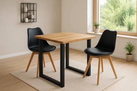 Tischgruppe 3tlg. 80 x 80 cm Baumkante Eiche massiv 2x Schalenstühle Schwarz U-Gestell Schwarz SERRA