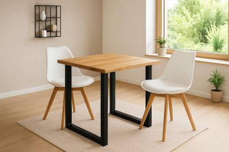 Tischgruppe 3tlg. 80 x 80 cm Baumkante Eiche massiv 2x Schalenstühle Weiß U-Gestell Schwarz SERRA