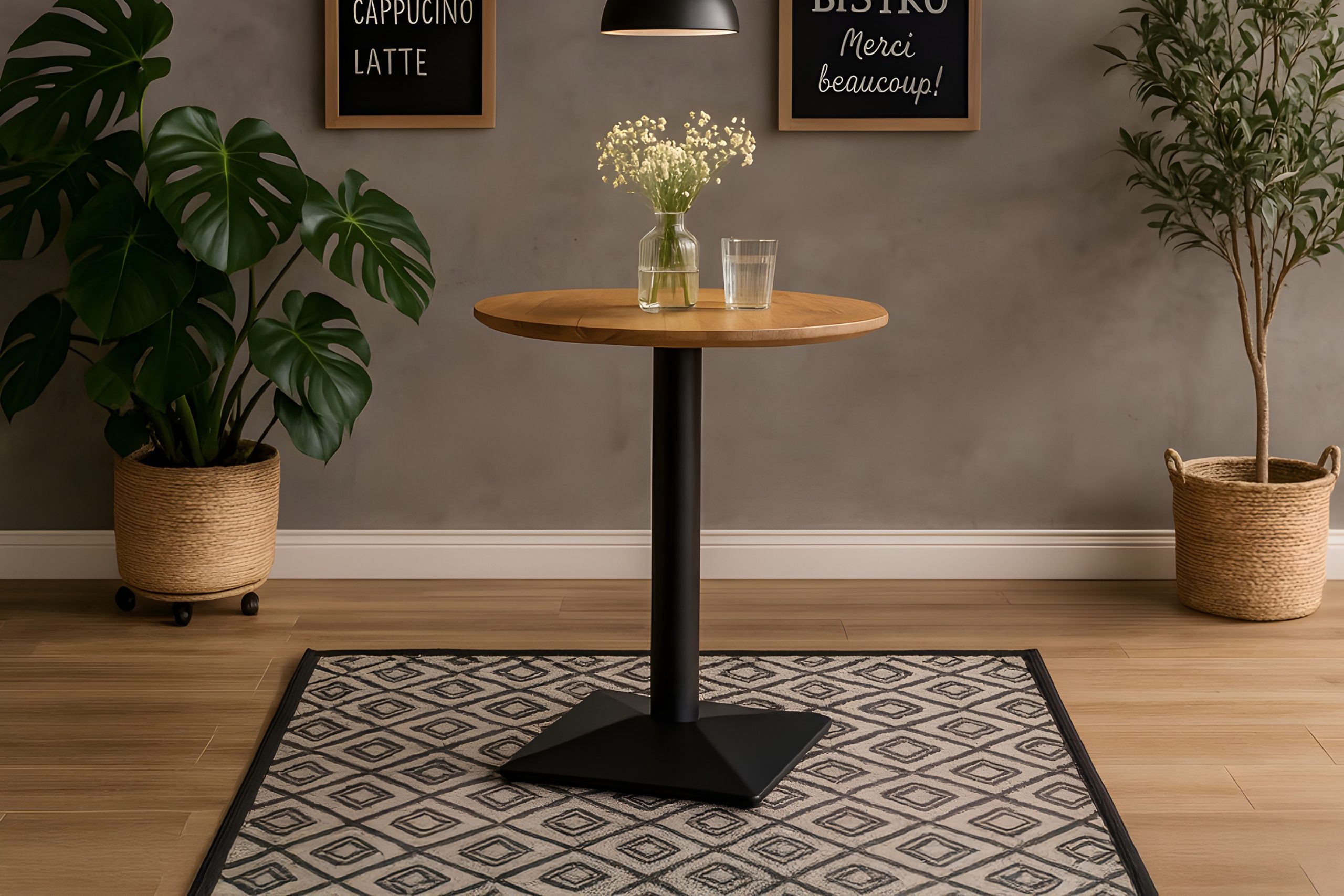 Bistrotisch rund mit Schweizer Kante Akazienholz natur massiv 60 cm Säulengestell schwarz BRASILIA