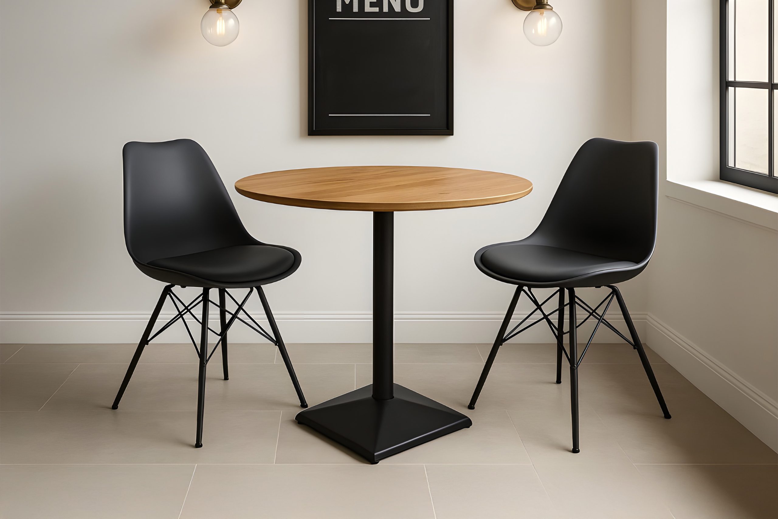 Bistrotisch rund mit Schweizer Kante Akazienholz natur massiv 80 cm Säulengestell schwarz BRASILIA – Bild 5