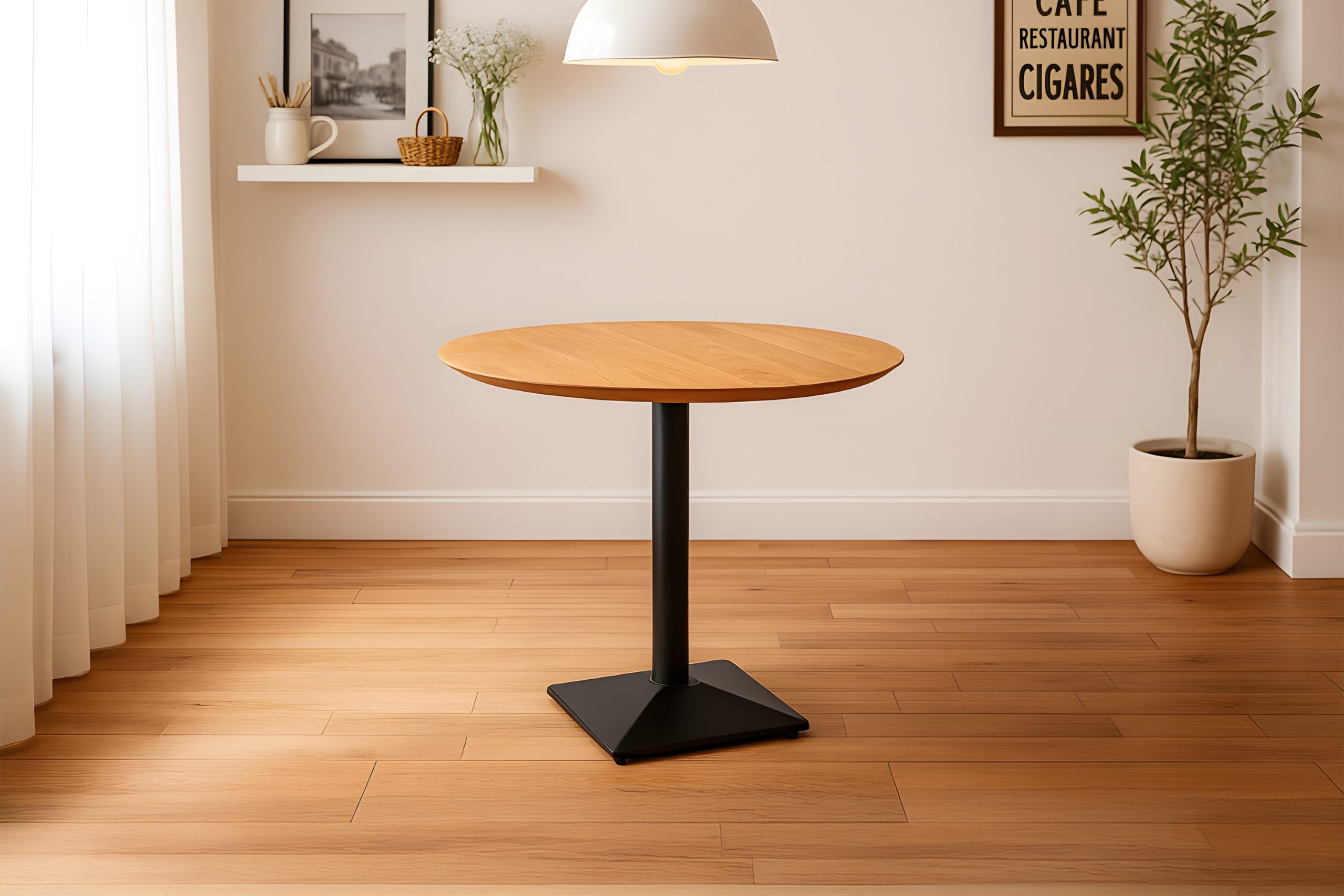 Bistrotisch rund mit Schweizer Kante Akazienholz natur massiv 90 cm Säulengestell schwarz BRASILIA