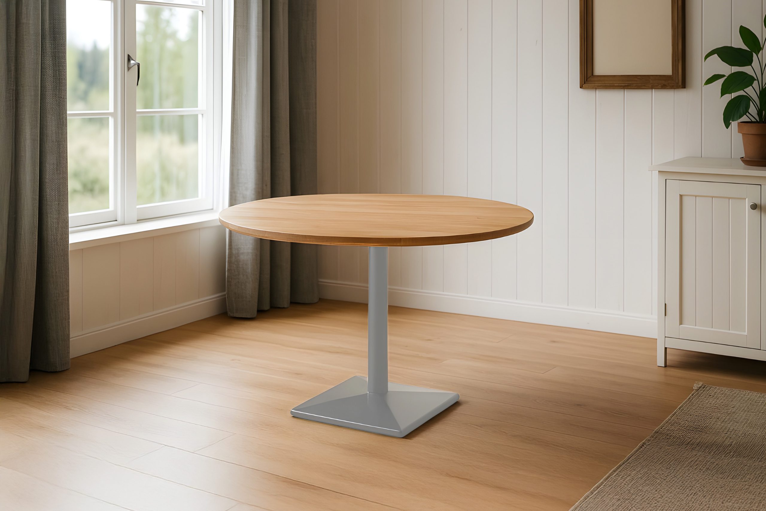 Bistrotisch rund mit Schweizer Kante Akazienholz natur massiv 110 cm Säulengestell silber BRASILIA