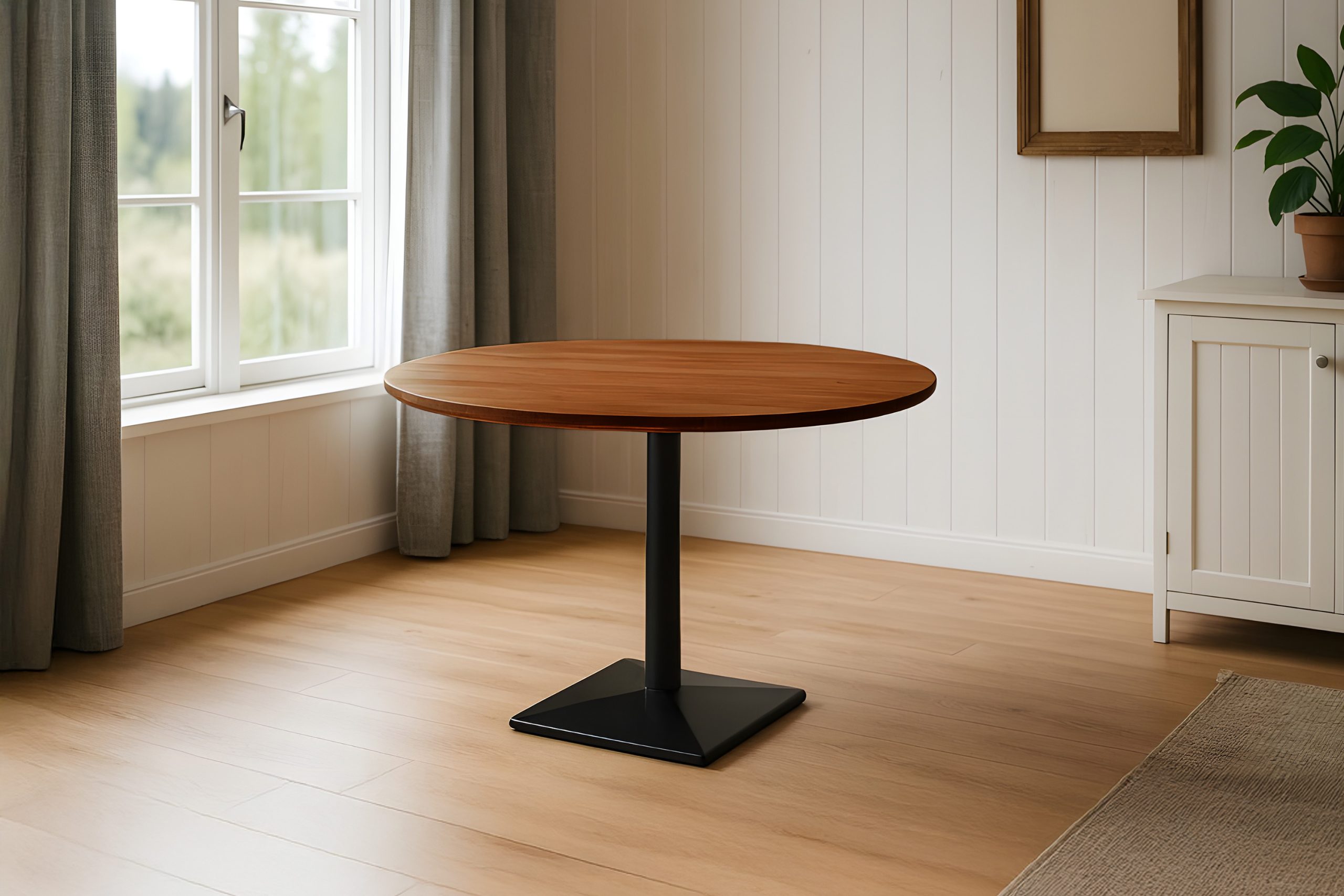 Bistrotisch rund mit Schweizer Kante Akazienholz nussbaum massiv 120 cm Säulengestell schwarz BRASILIA