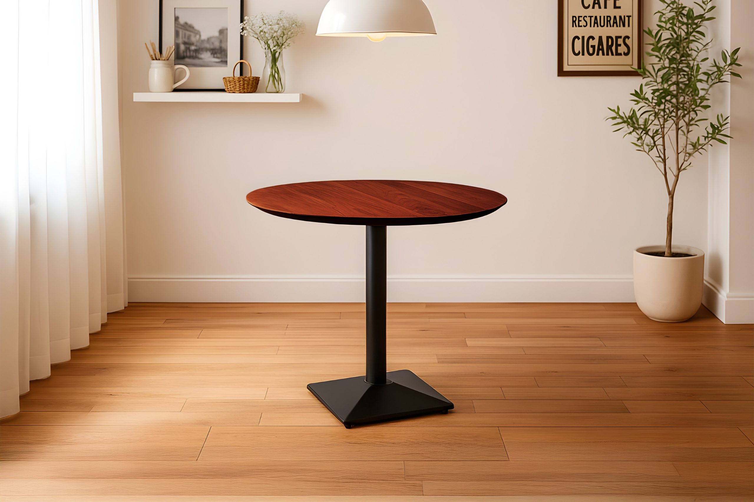 Bistrotisch rund mit Schweizer Kante Akazienholz nussbaum massiv 90 cm Säulengestell schwarz BRASILIA