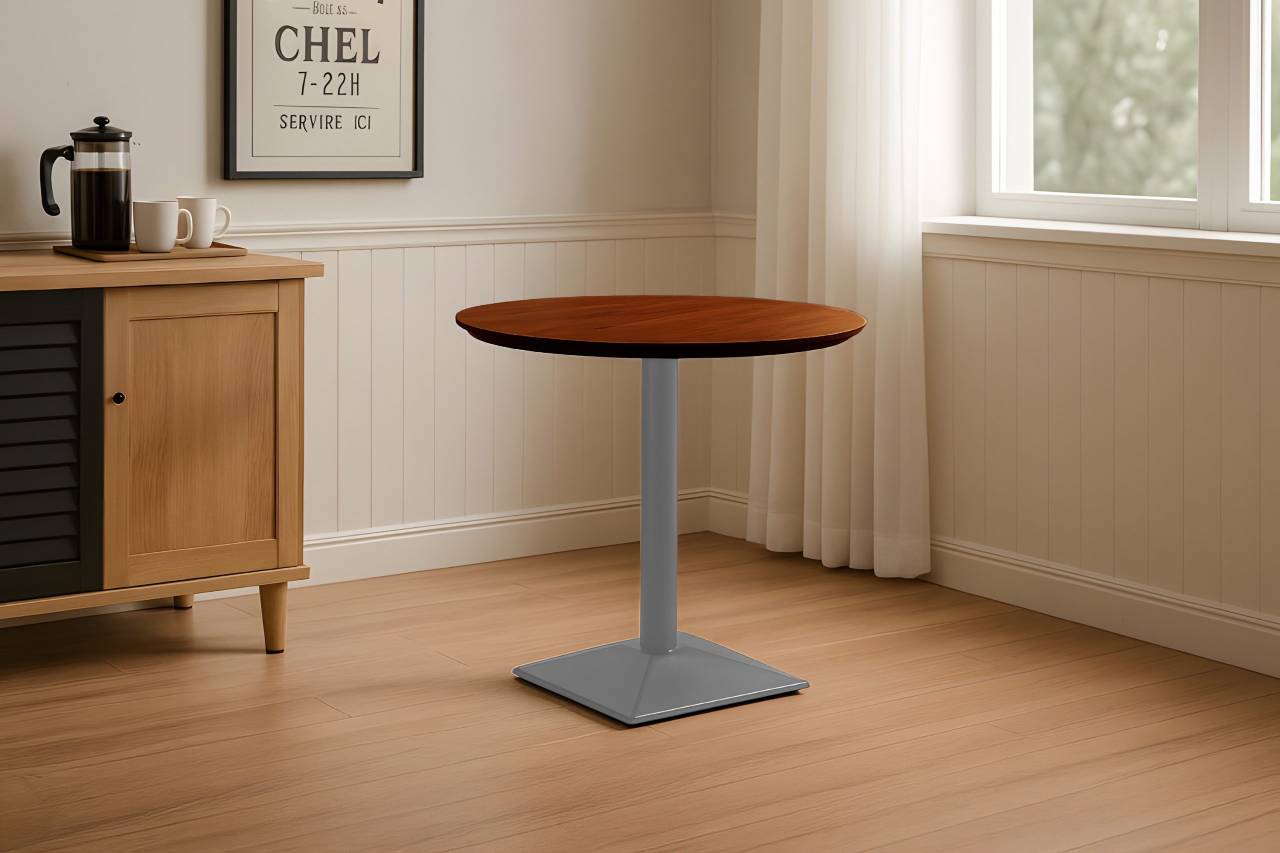 Bistrotisch rund mit Schweizer Kante Akazienholz nussbaum massiv 80 cm Säulengestell silber BRASILIA