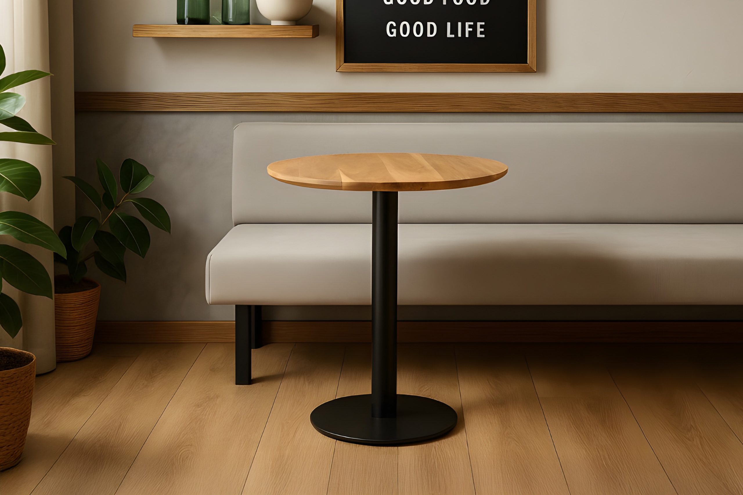 Bistrotisch rund mit Schweizer Kante Akazienholz natur massiv 60 cm Säulengestell schwarz BRASILIAN