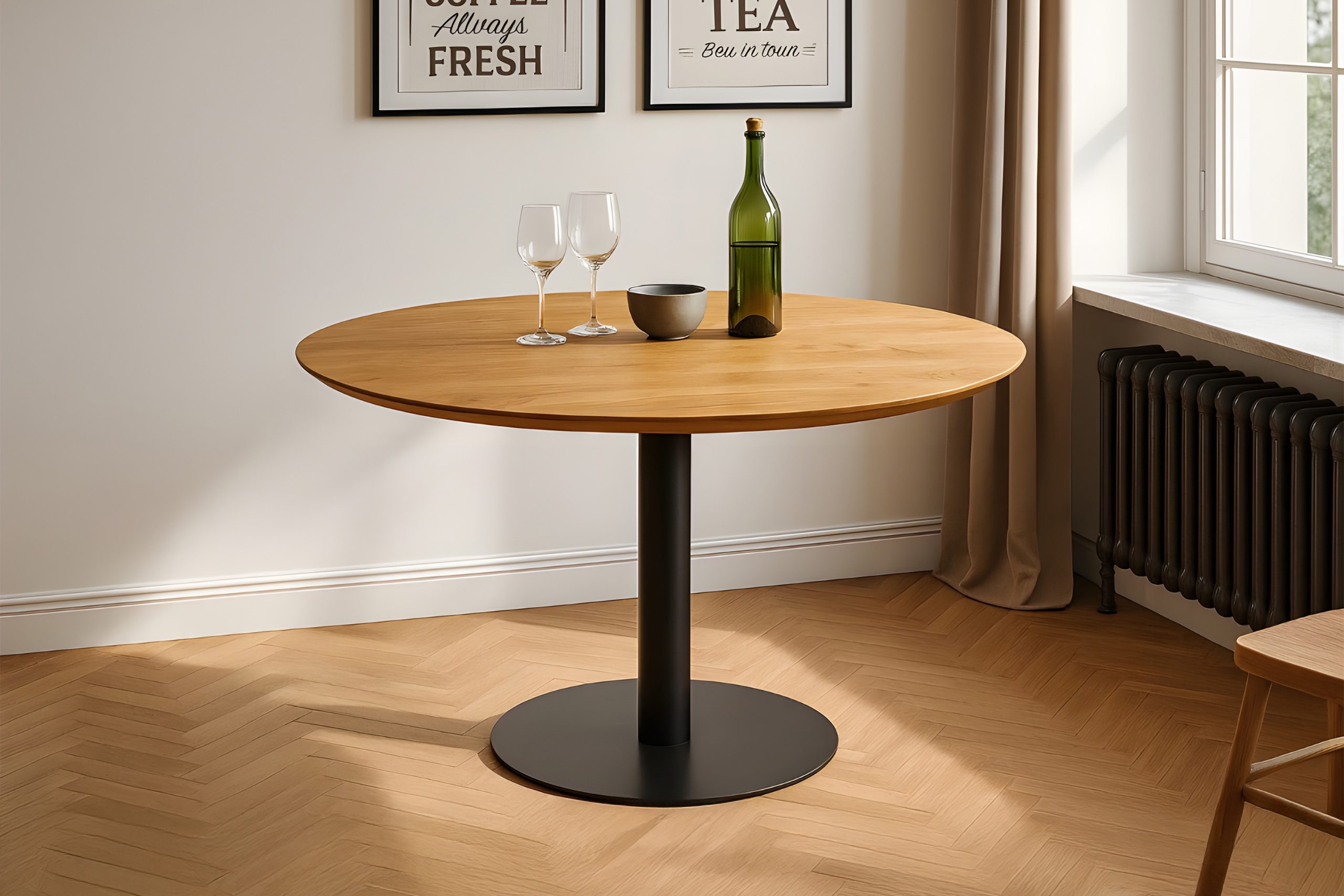 Bistrotisch rund mit Schweizer Kante Akazienholz natur massiv 90 cm Säulengestell schwarz BRASILIAN