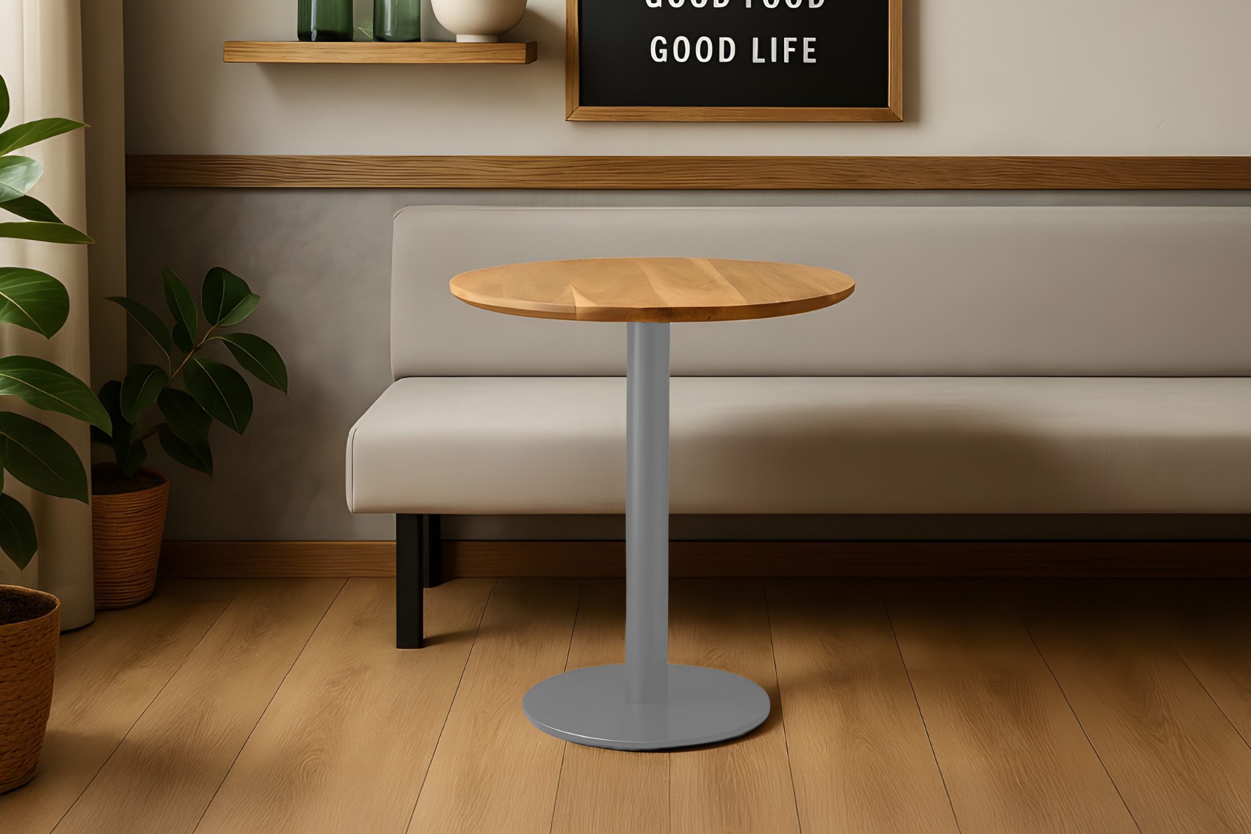 Bistrotisch rund mit Schweizer Kante Akazienholz natur massiv 70 cm Säulengestell silber BRASILIAN