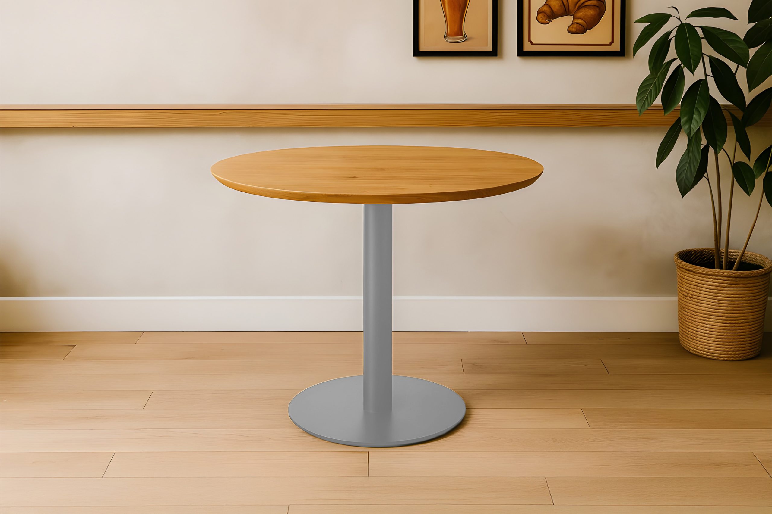 Bistrotisch rund mit Schweizer Kante Akazienholz natur massiv 80 cm Säulengestell silber BRASILIAN