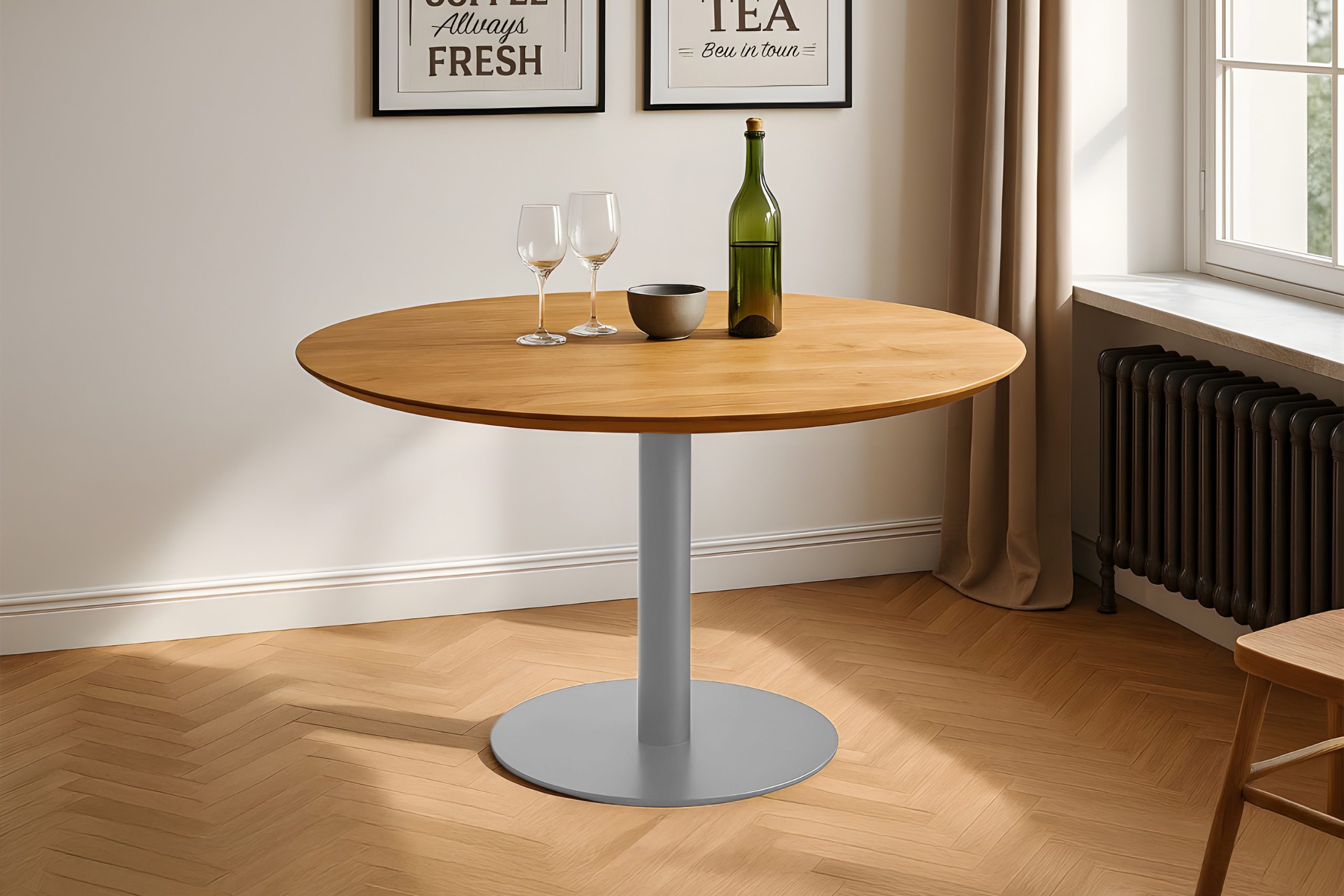 Bistrotisch rund mit Schweizer Kante Akazienholz natur massiv 90 cm Säulengestell silber BRASILIAN