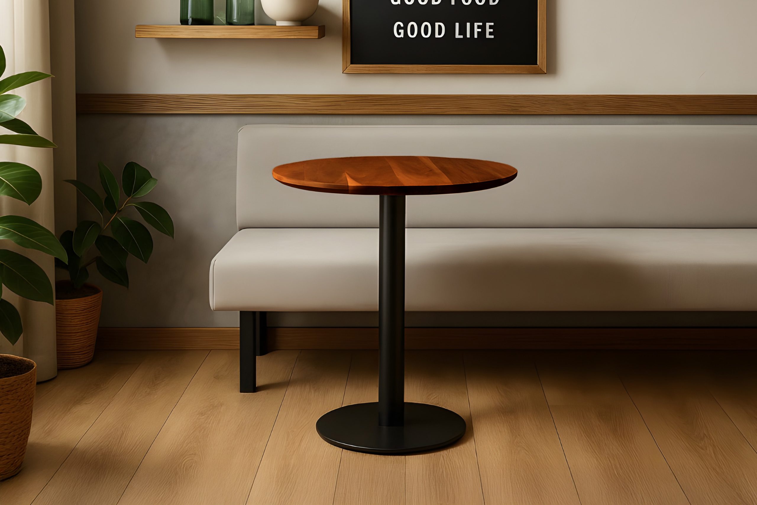 Bistrotisch rund mit Schweizer Kante Akazienholz nussbaum massiv 70 cm Säulengestell schwarz BRASILIAN