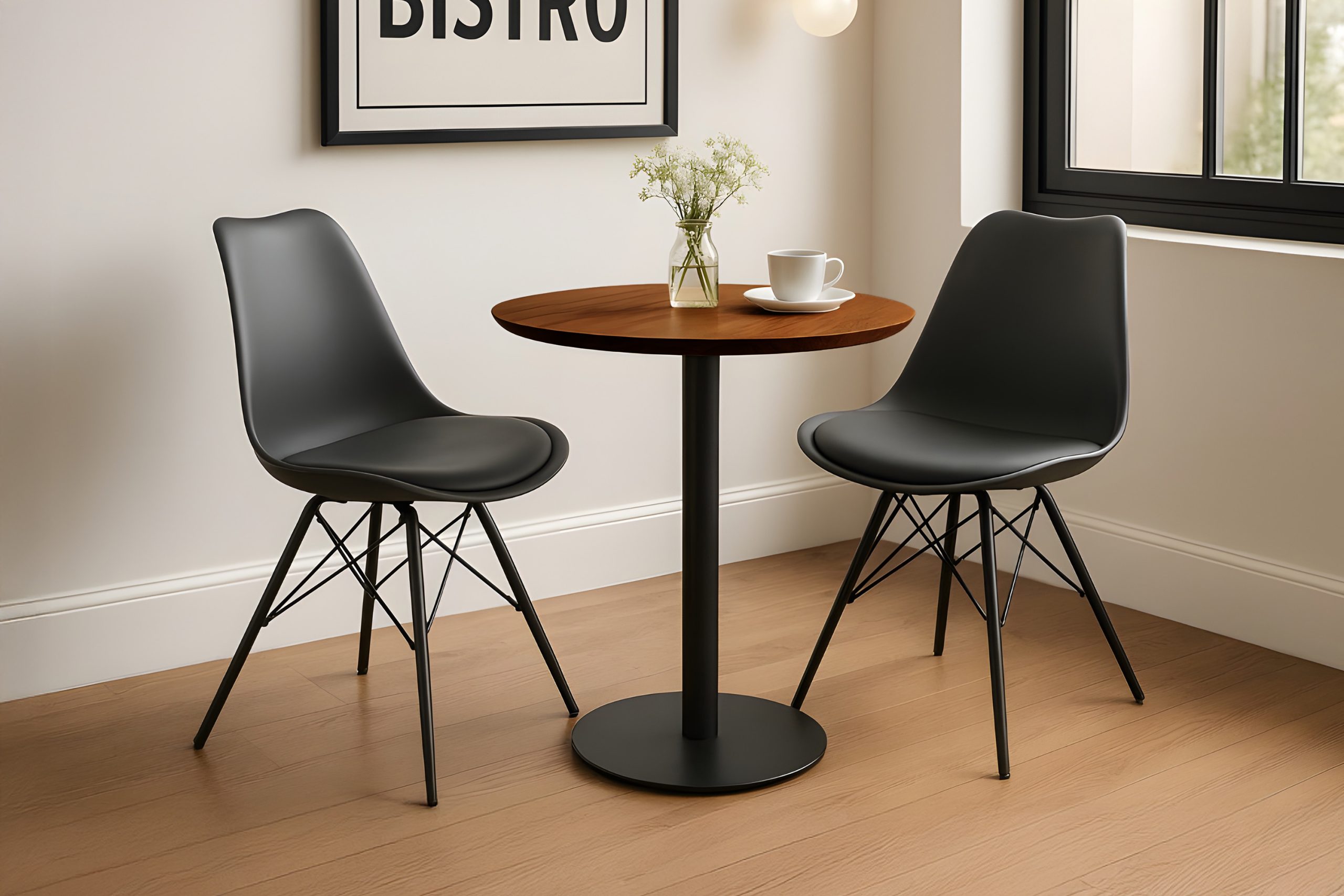 Bistrotisch rund mit Schweizer Kante Akazienholz nussbaum massiv 70 cm Säulengestell schwarz BRASILIAN – Bild 5