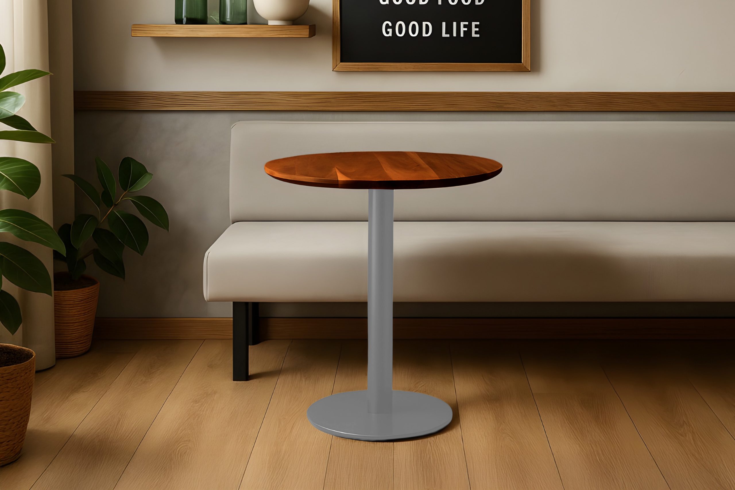 Bistrotisch rund mit Schweizer Kante Akazienholz nussbaum massiv 70 cm Säulengestell silber BRASILIAN