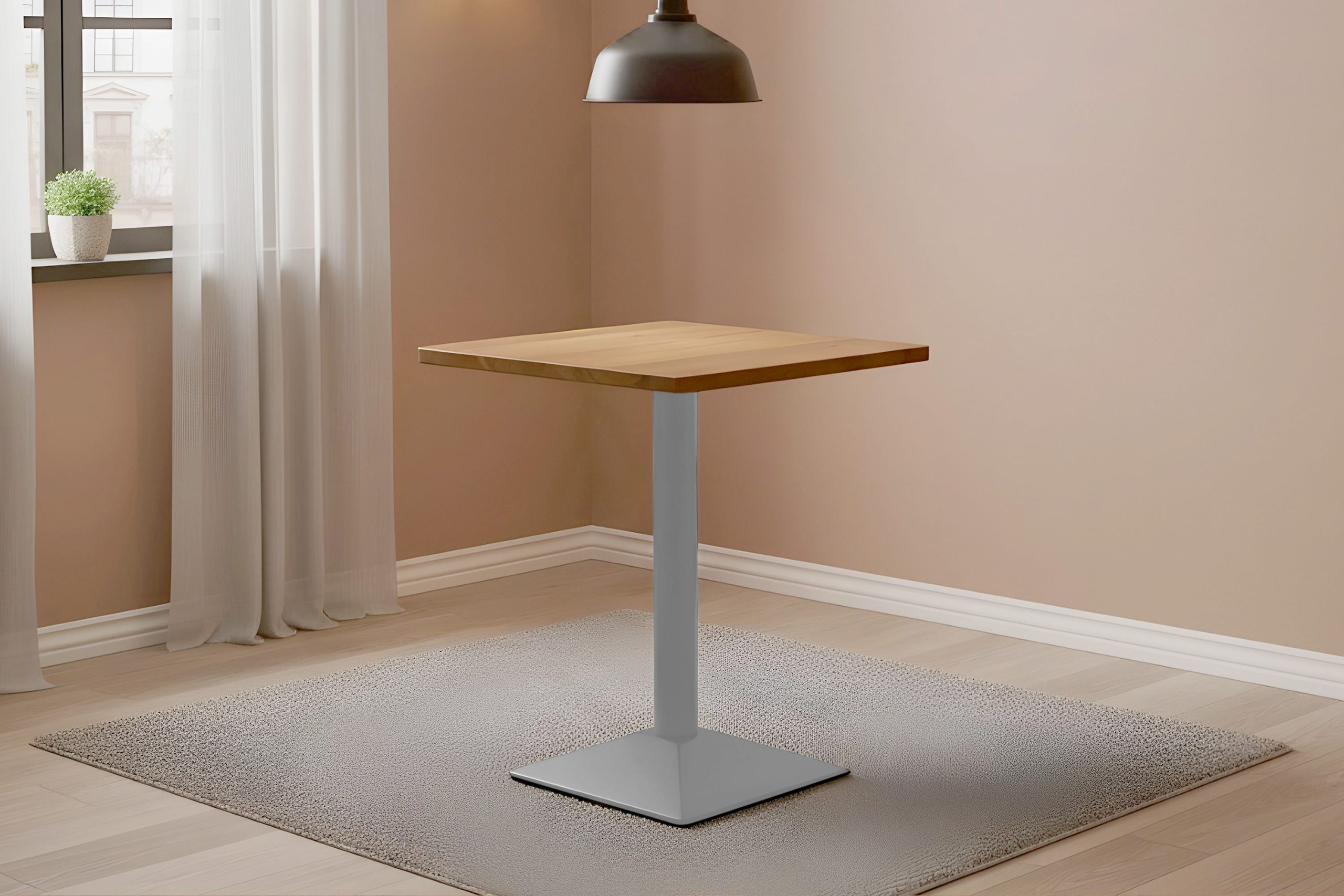 Bistrotisch eckig Runde Kante 70 x 70 cm Akazienholz natur massiv Säulengestell-eckig silber EMILE