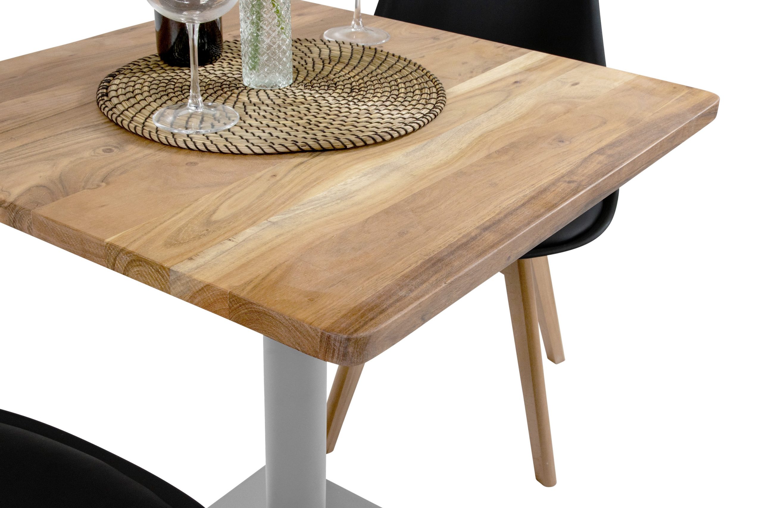 Bistrotisch eckig Runde Kante 70 x 70 cm Akazienholz natur massiv Säulengestell-eckig silber EMILE – Bild 5