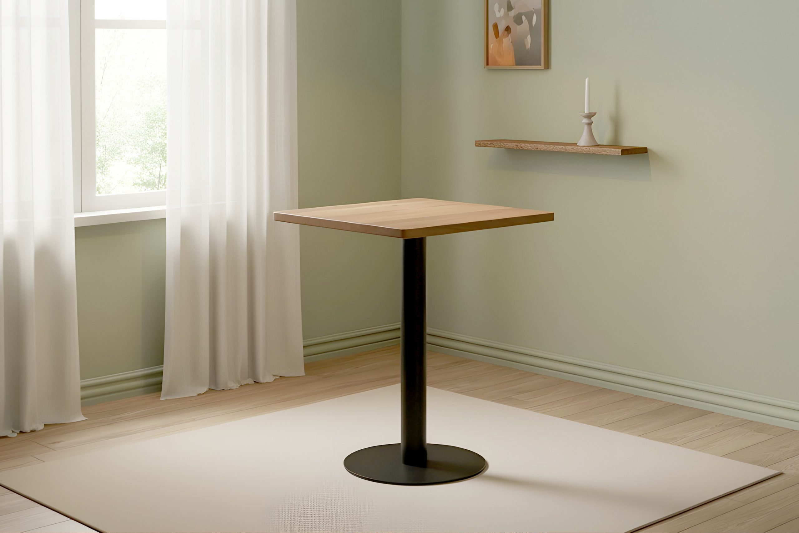 Bistrotisch eckig Runde Kante 70 x 70 cm Akazienholz natur massiv Säulengestell-rund schwarz EMILE