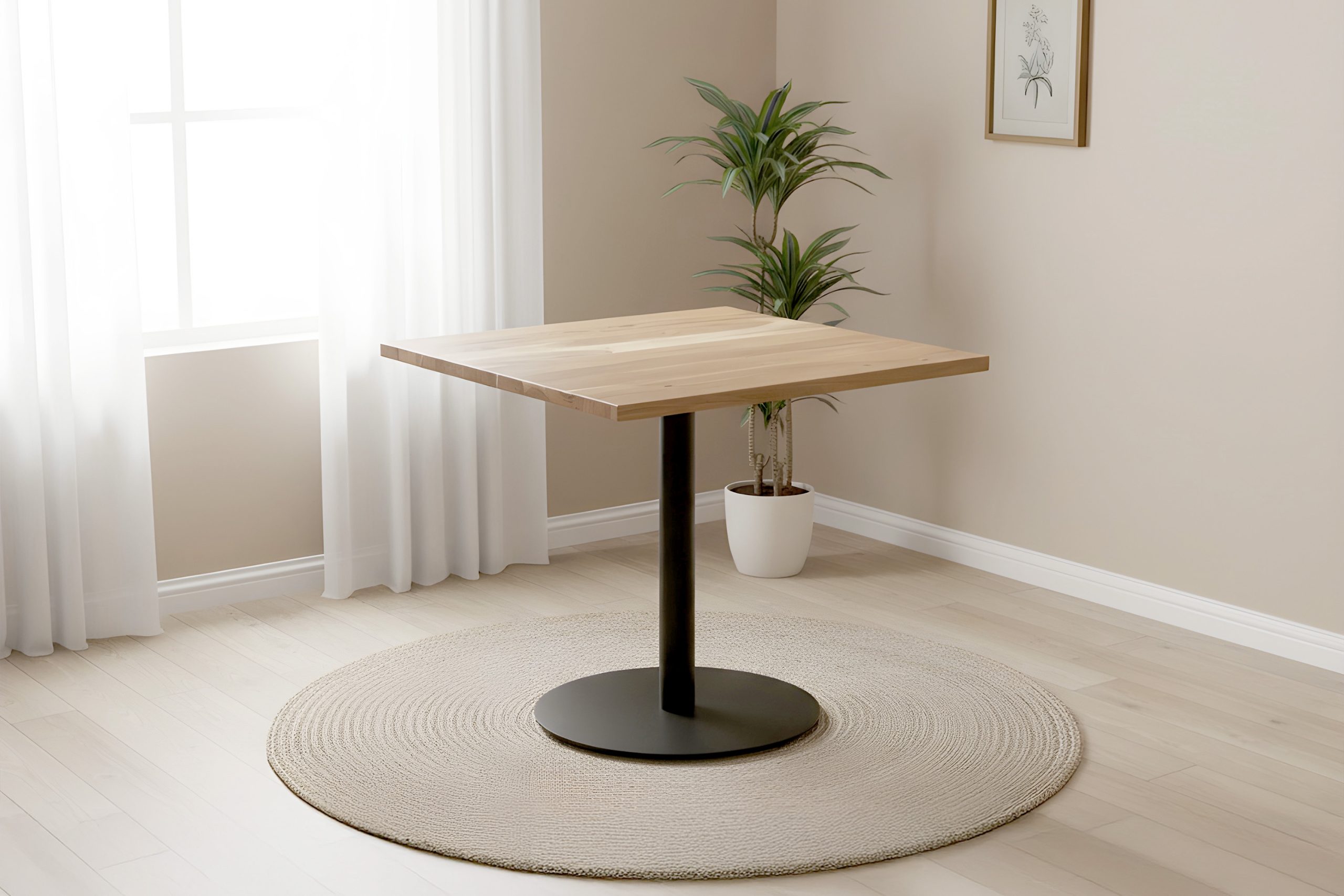 Bistrotisch eckig Runde Kante 80 x 80 cm Akazienholz natur massiv Säulengestell-rund schwarz EMILE