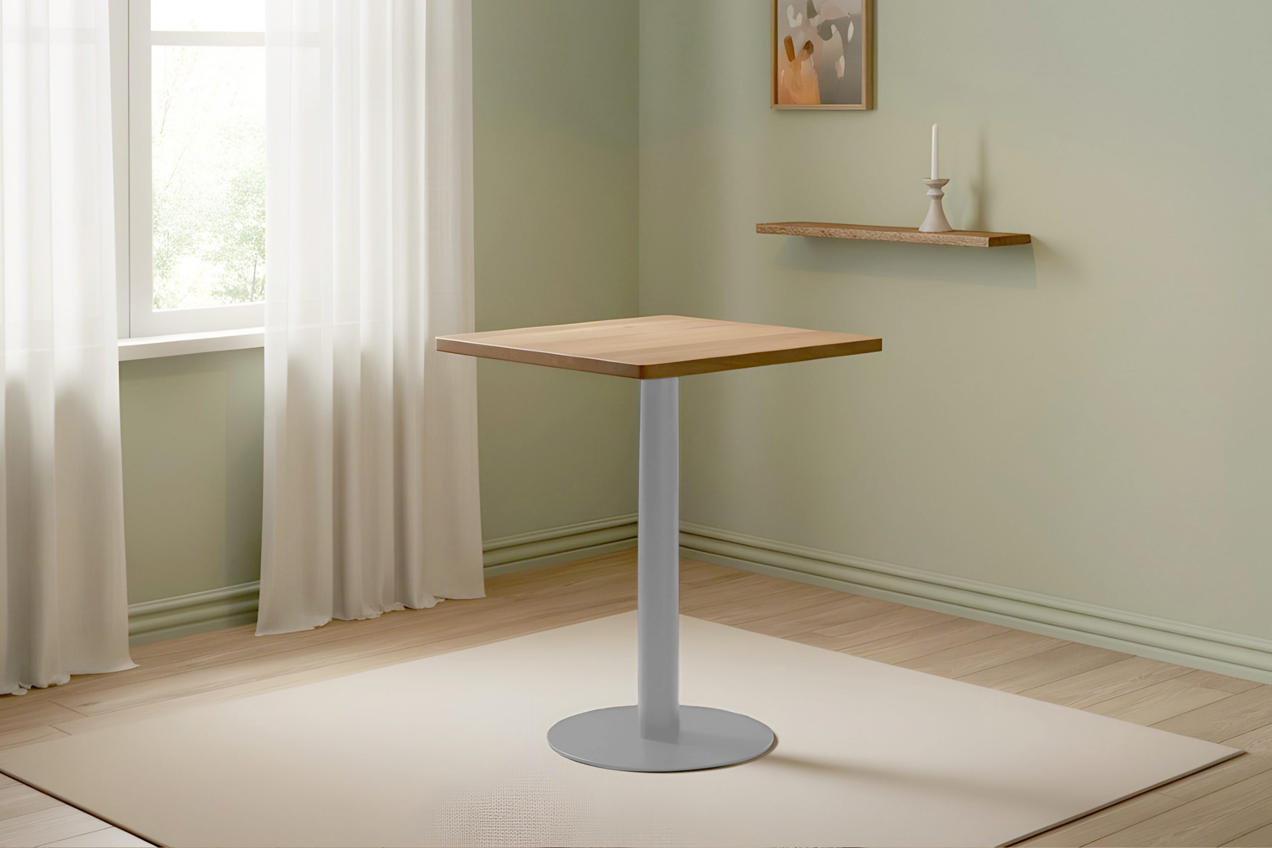 Bistrotisch eckig Runde Kante 60 x 60 cm Akazienholz natur massiv Säulengestell-rund silber EMILE